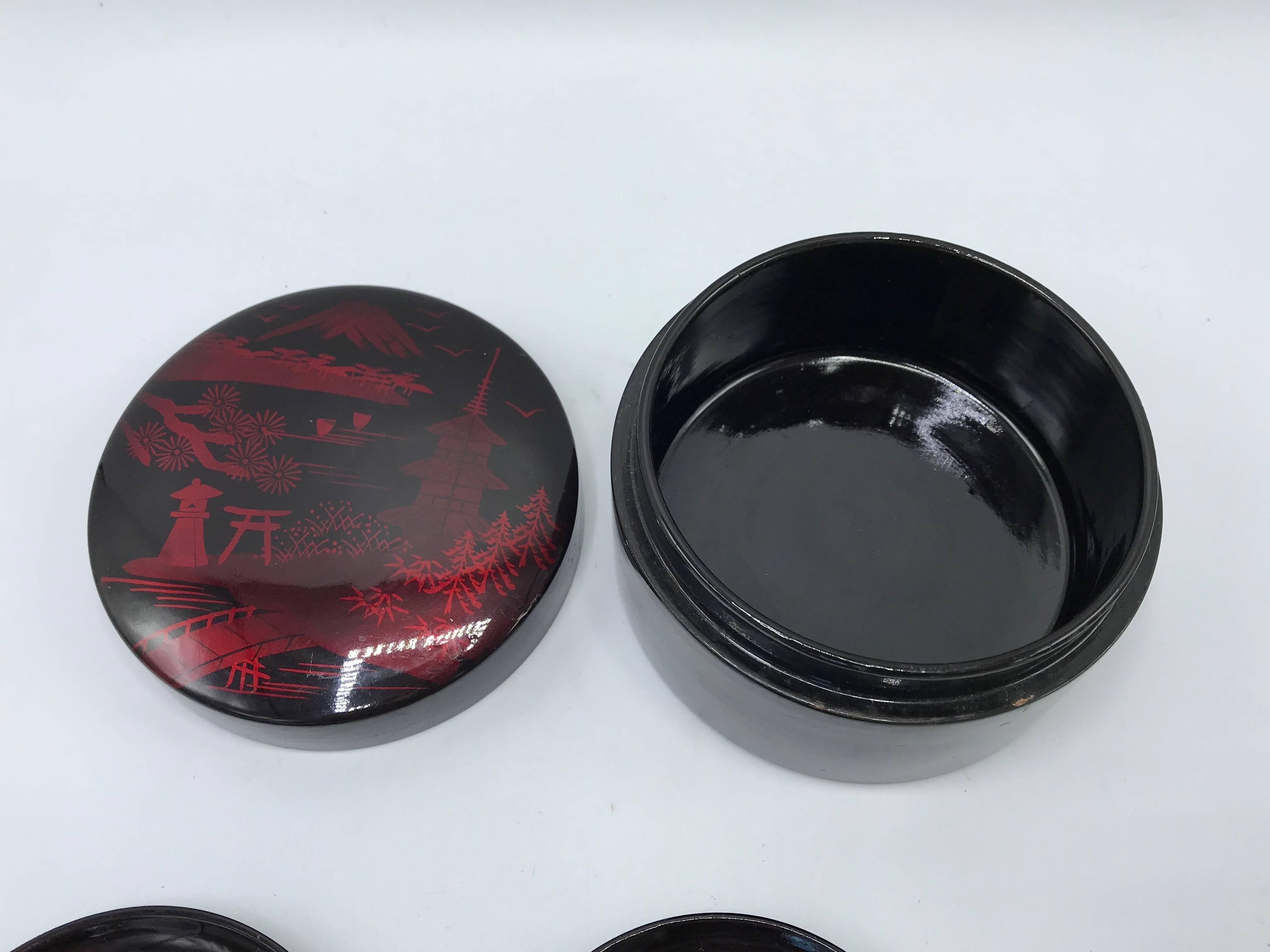 1960s Lacquered Red and Black Pagoda Motif Coasters with Box, Set of Seven In Excellent Condition In Richmond, VA