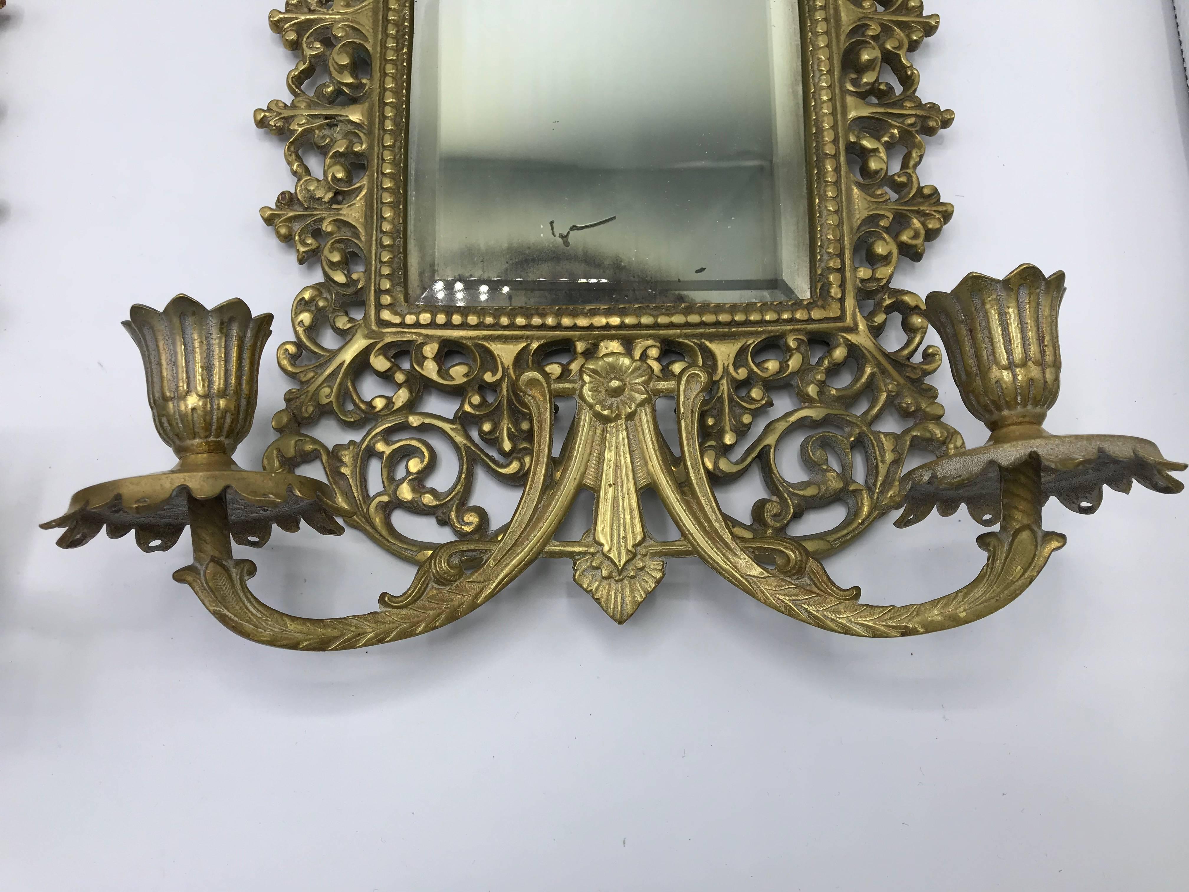 1960s Virginia Metalcrafters Rococo Style Double-Arm Mirrored Sconces, Pair In Good Condition In Richmond, VA