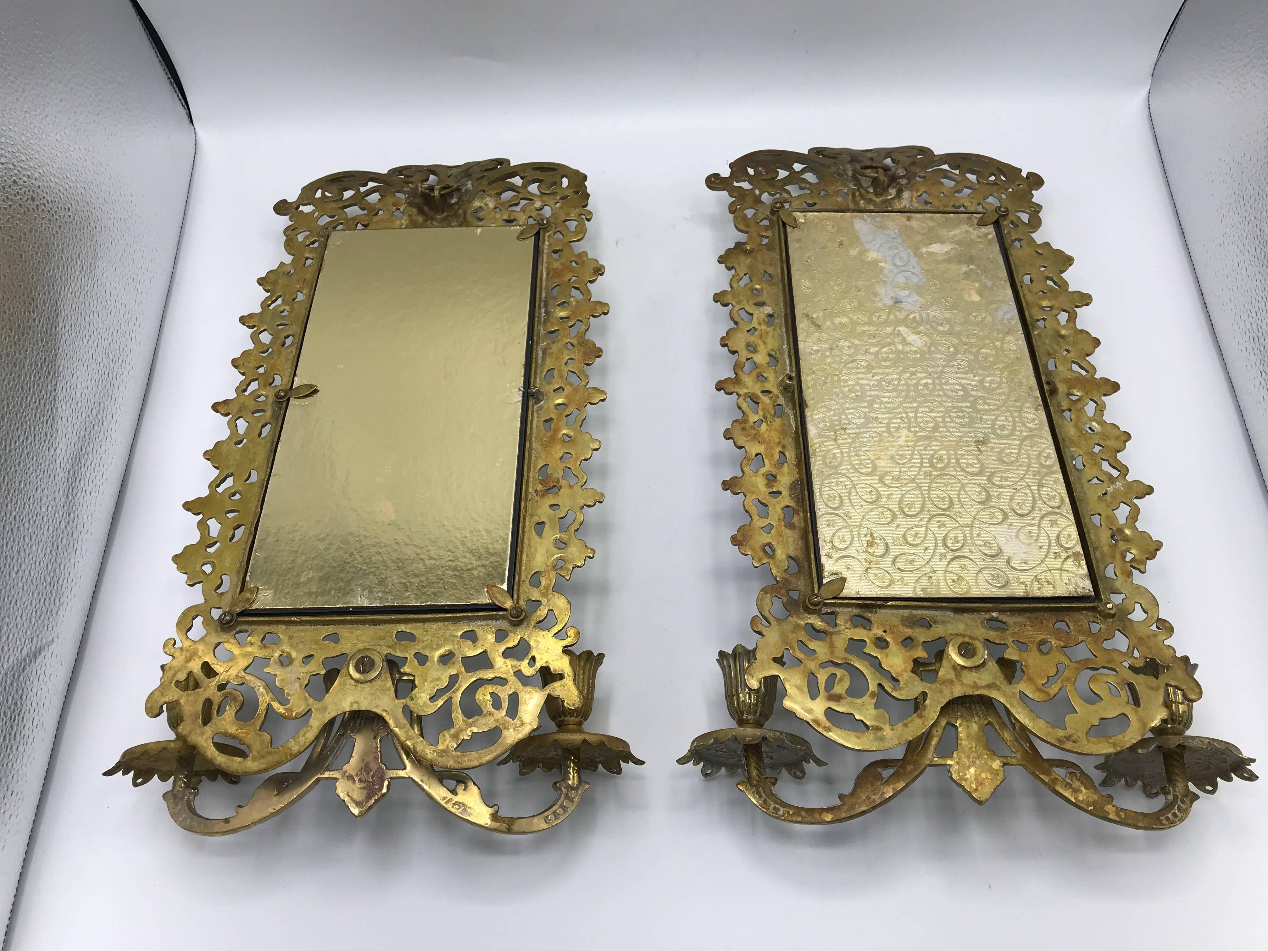 Brass 1960s Virginia Metalcrafters Rococo Style Double-Arm Mirrored Sconces, Pair