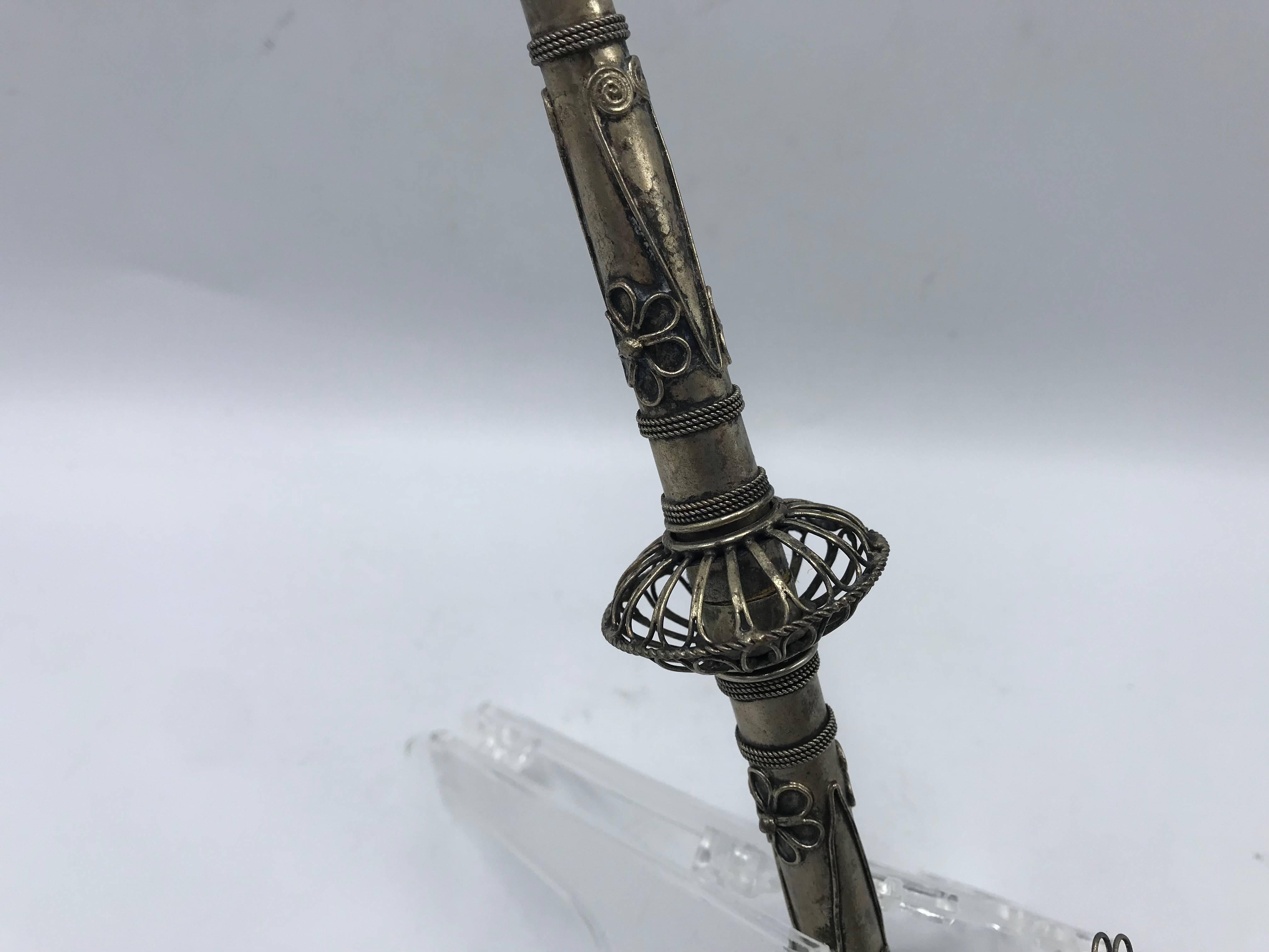 Champlevé 19th Century Chinese Sterling Silver Opium Pipe with Filigree Peacock