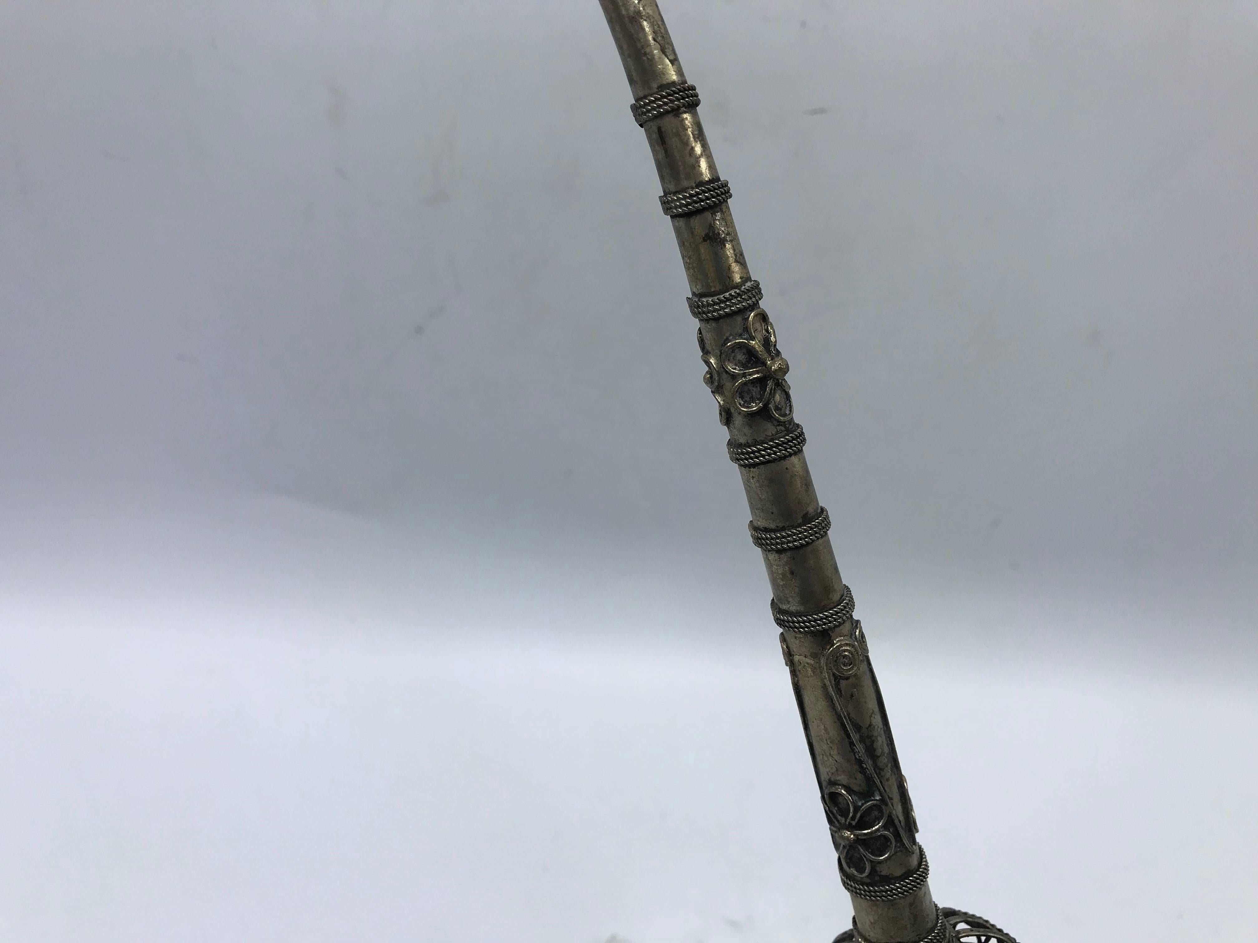 Chinoiserie 19th Century Chinese Sterling Silver Opium Pipe with Filigree Peacock