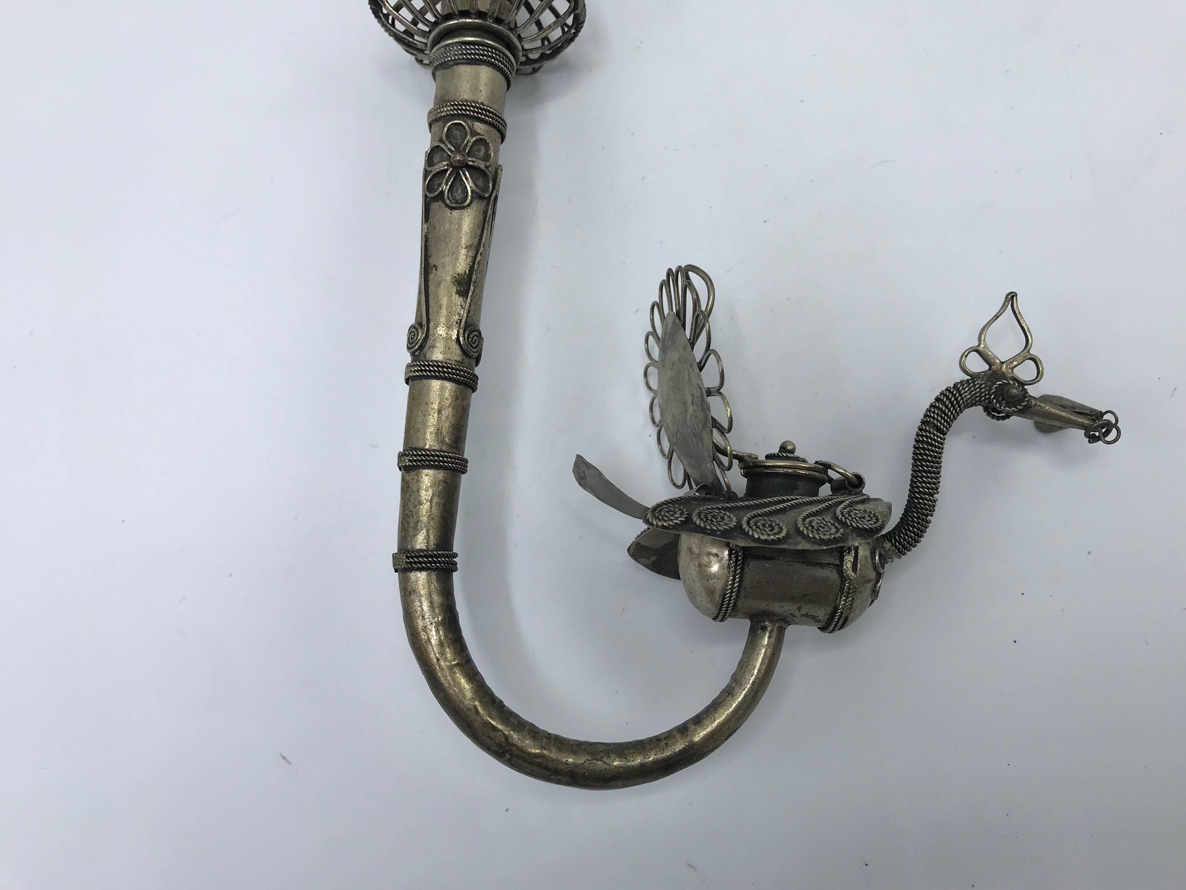 19th Century Chinese Sterling Silver Opium Pipe with Filigree Peacock 1