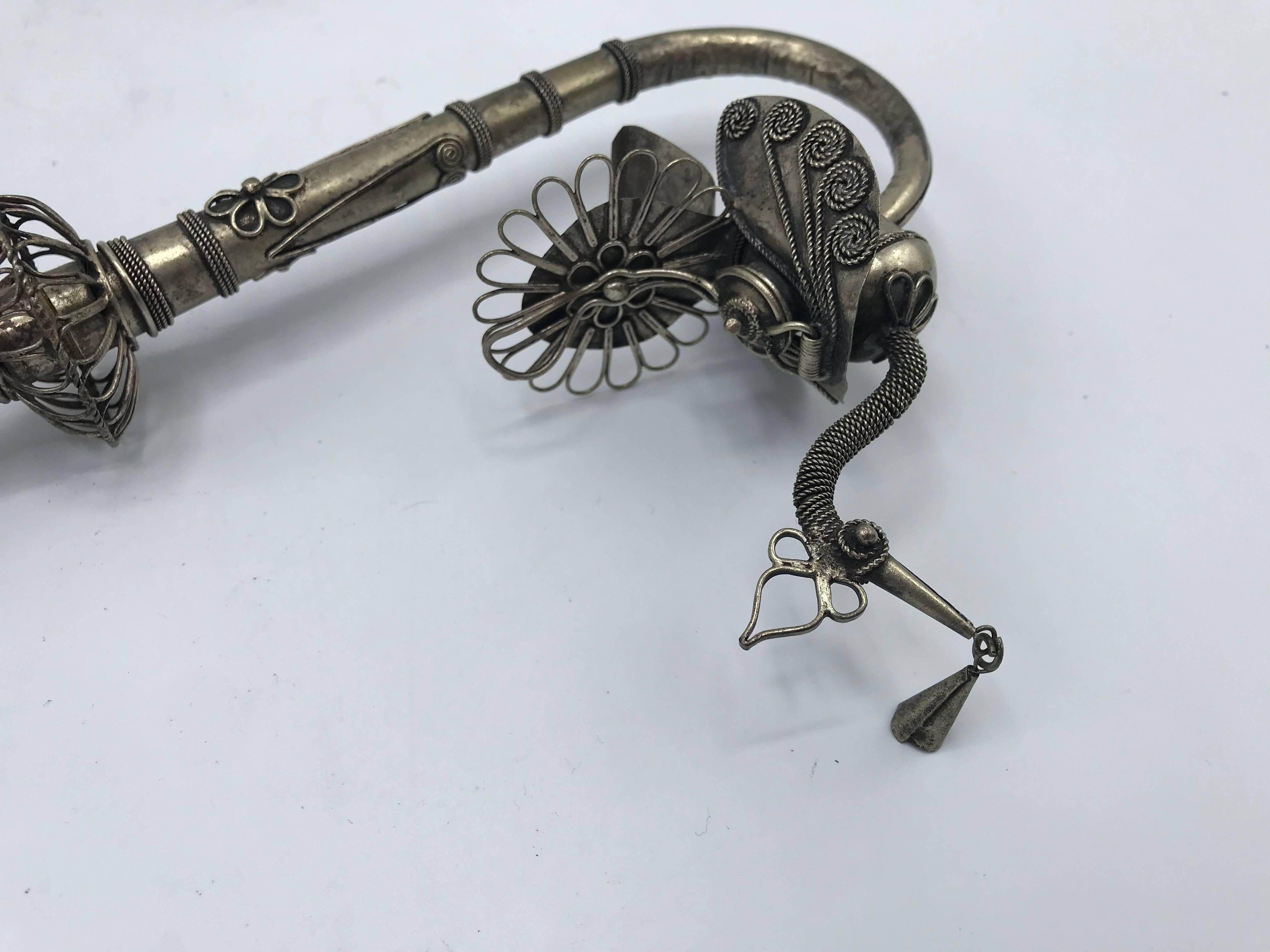 19th Century Chinese Sterling Silver Opium Pipe with Filigree Peacock 2