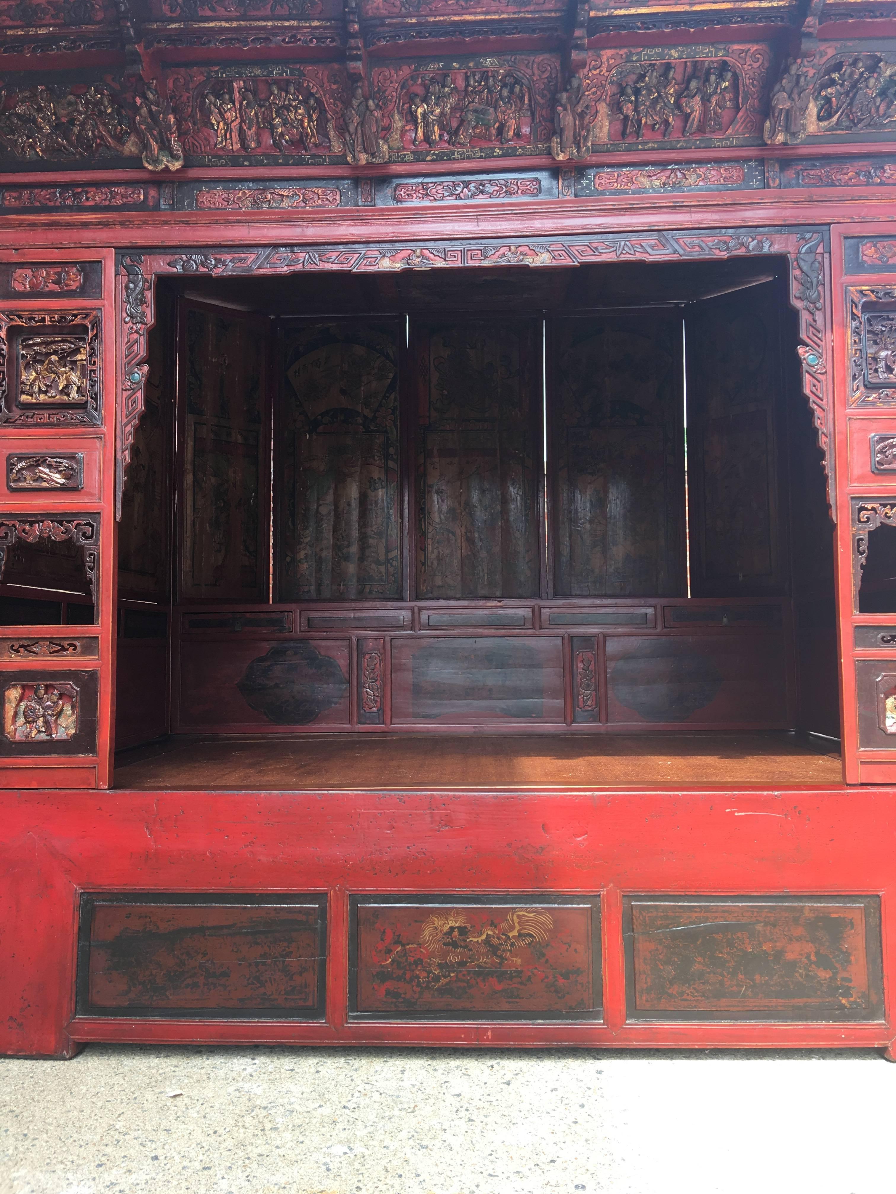 19th Century Chinese Red Lacquered Opium Canopy Bed In Excellent Condition In Richmond, VA