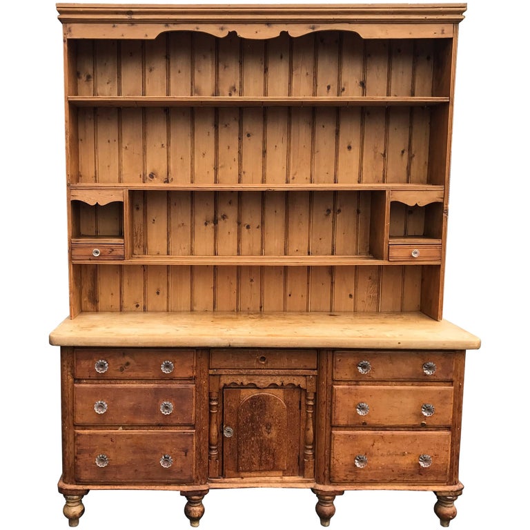 19th Century English Pine Hutch Sideboard with ButcherBlock Top For