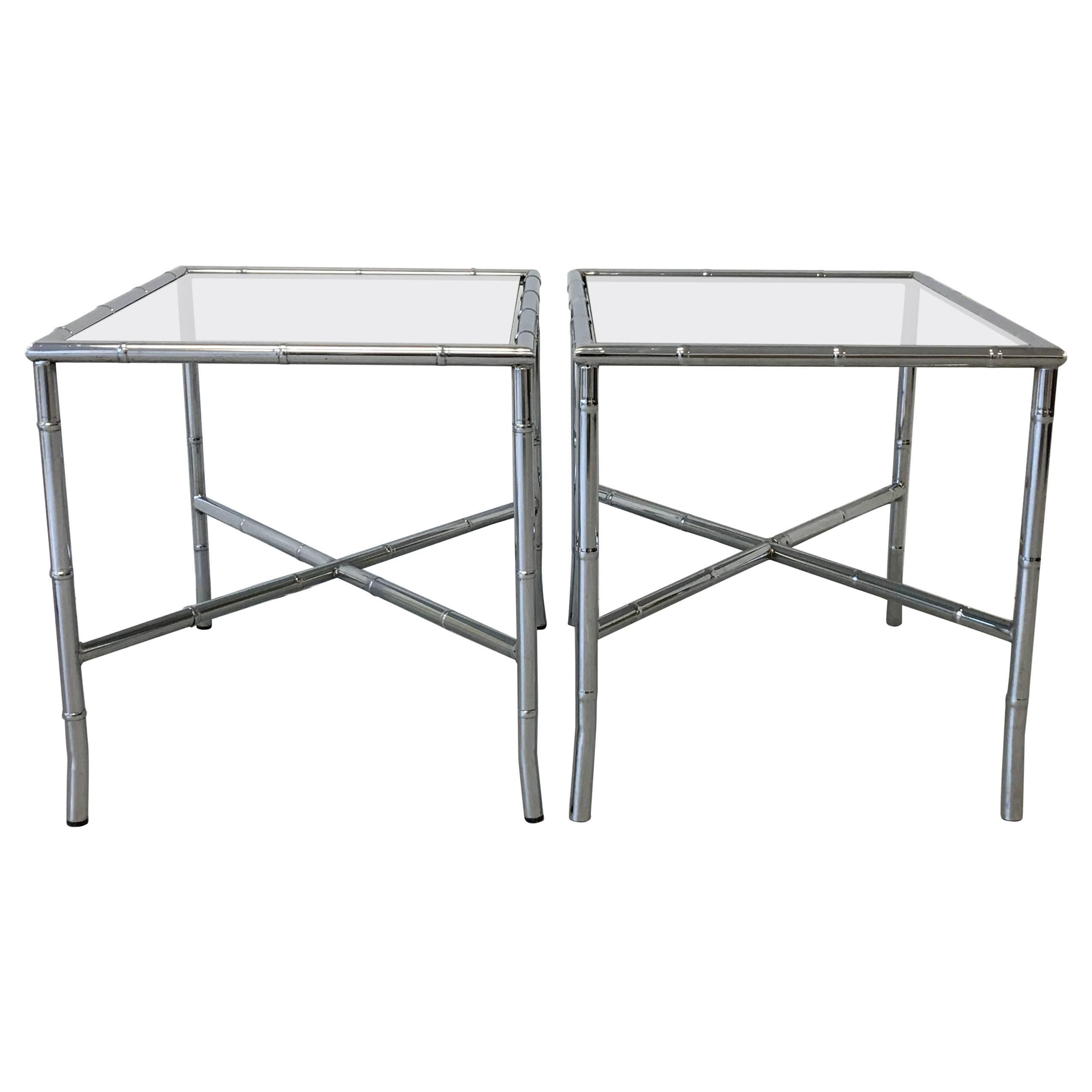1970s Chrome Faux Bamboo Side Tables with Smoked Glass, Pair