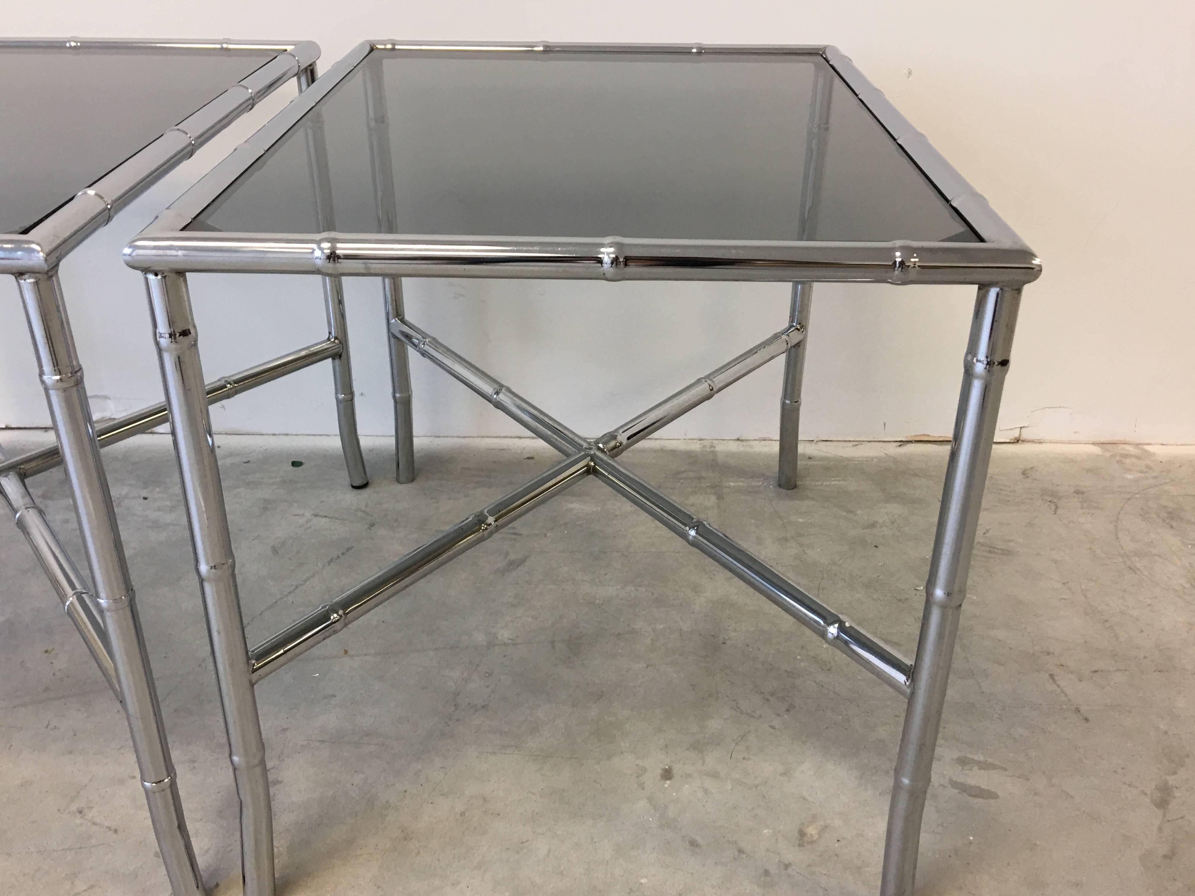 Polished 1970s Chrome Faux Bamboo Side Tables with Smoked Glass, Pair