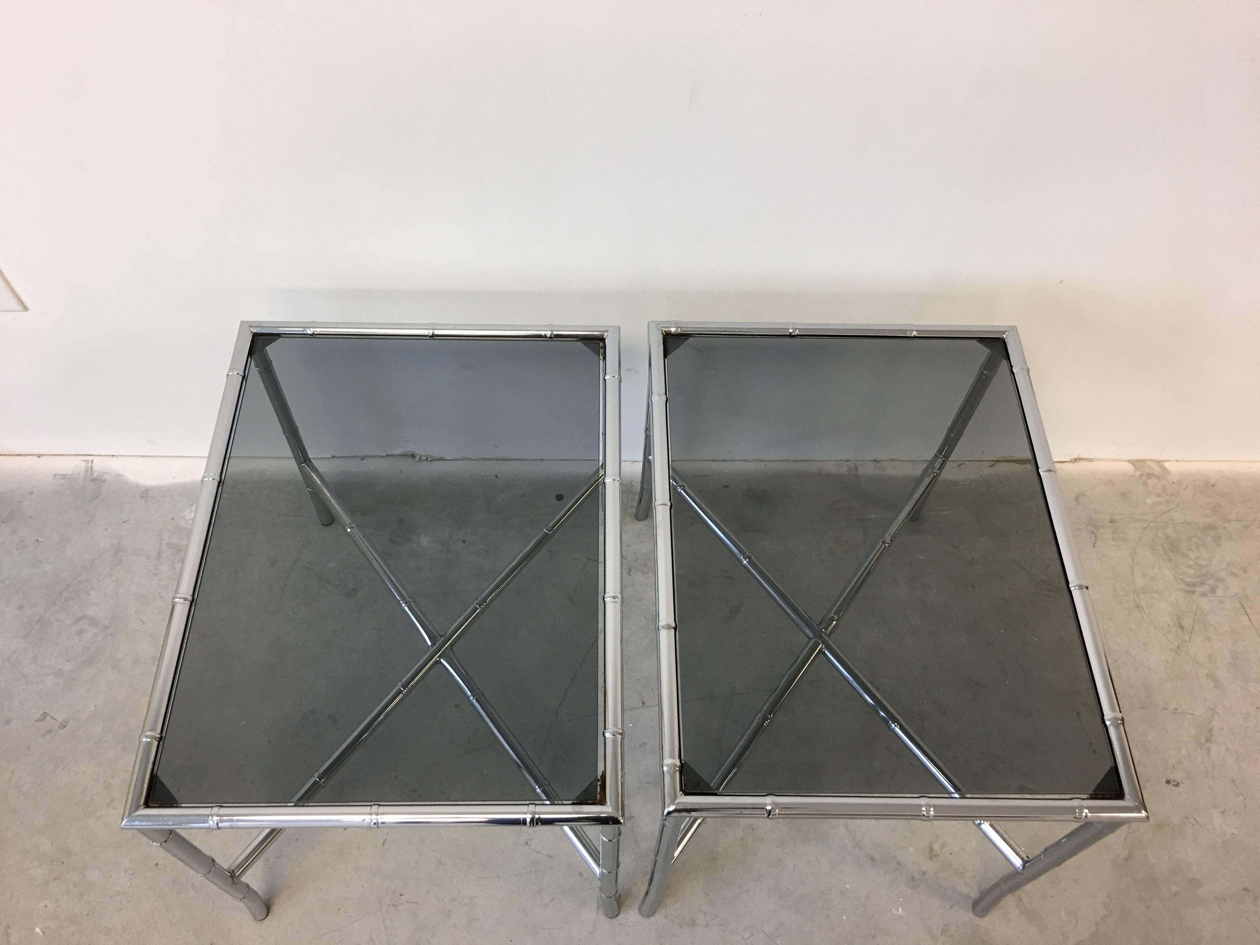 1970s Chrome Faux Bamboo Side Tables with Smoked Glass, Pair In Good Condition In Richmond, VA