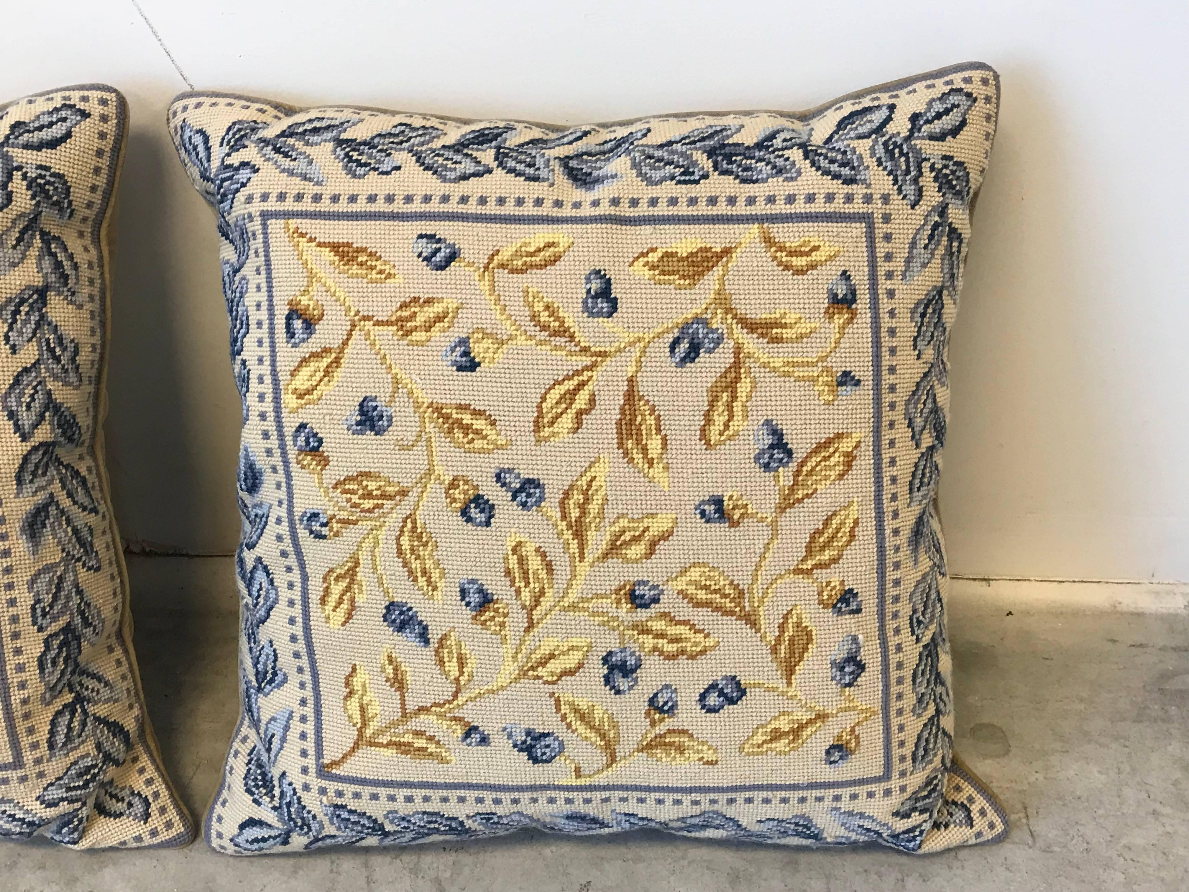 1970s Large Floral Motif Needlepoint Pillows, Pair In Good Condition For Sale In Richmond, VA