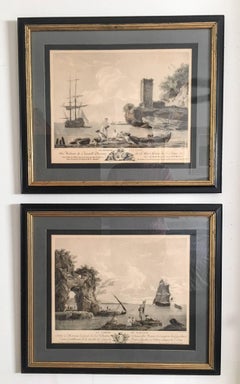 1800s Antique French Hand-Tinted Nautical Engravings, Pair