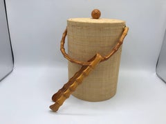 1980s Raffia Wrapped and Faux Bamboo Ice Bucket with Tongs