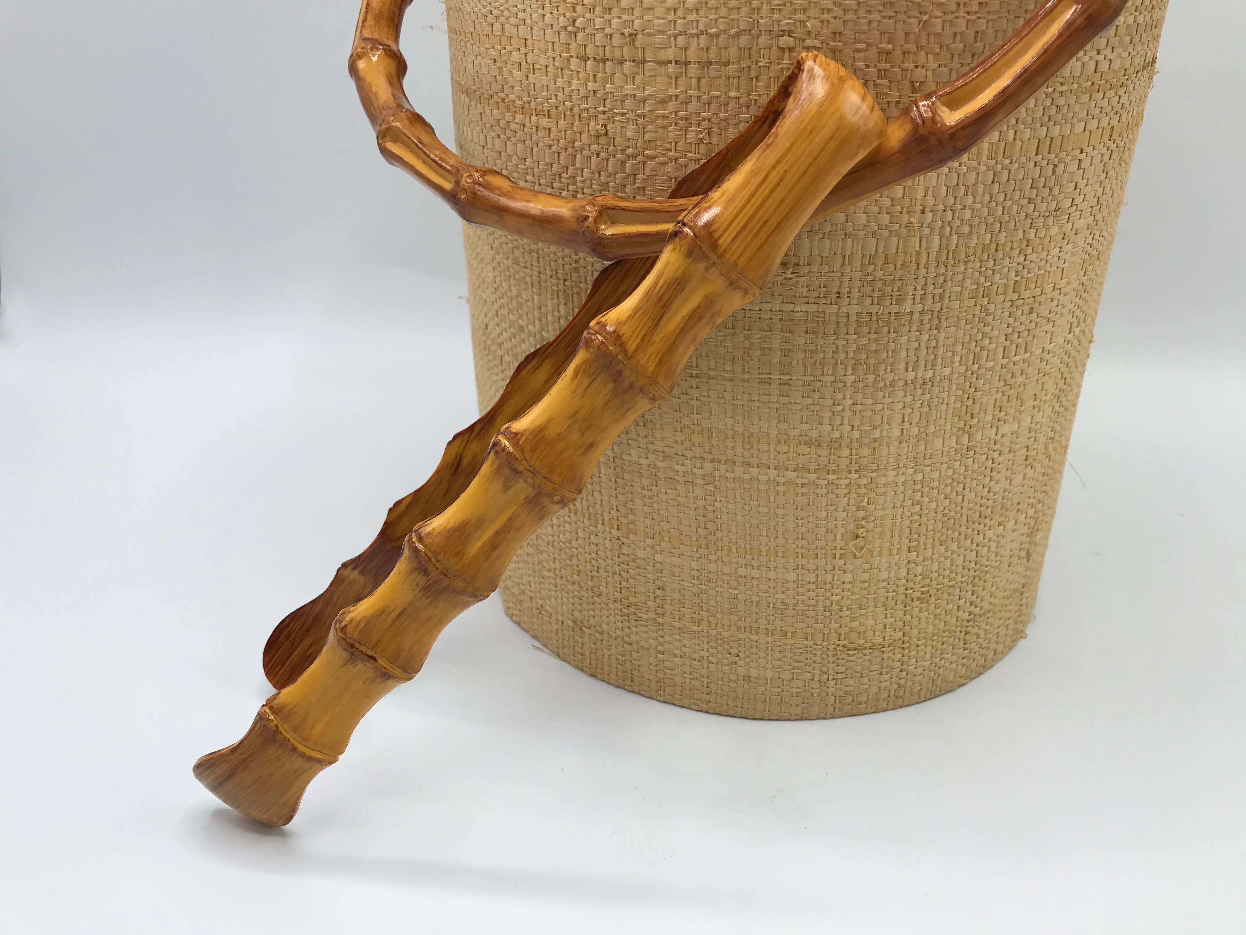 20th Century 1980s Raffia Wrapped and Faux Bamboo Ice Bucket with Tongs