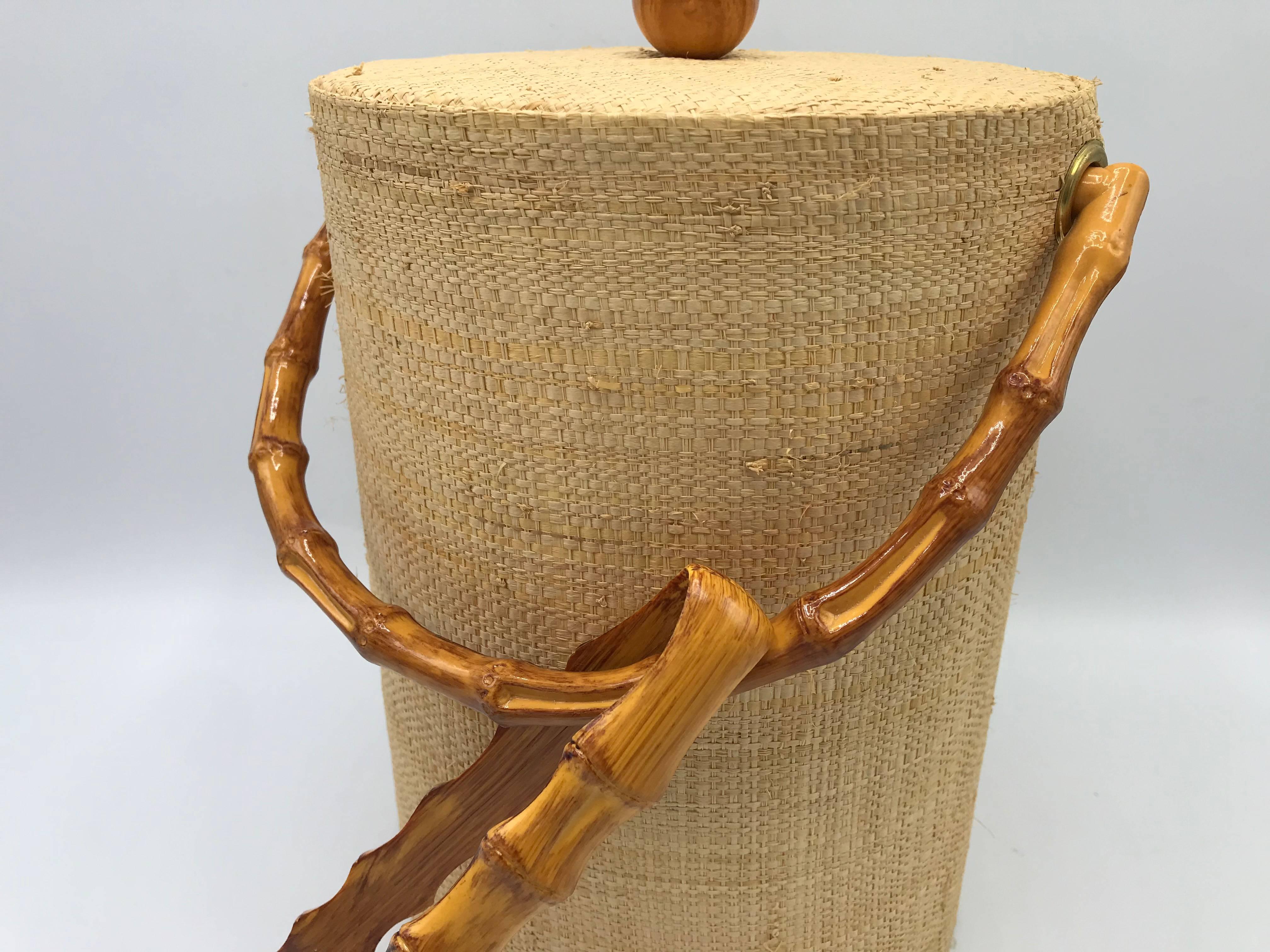 1980s Raffia Wrapped and Faux Bamboo Ice Bucket with Tongs In Excellent Condition In Richmond, VA