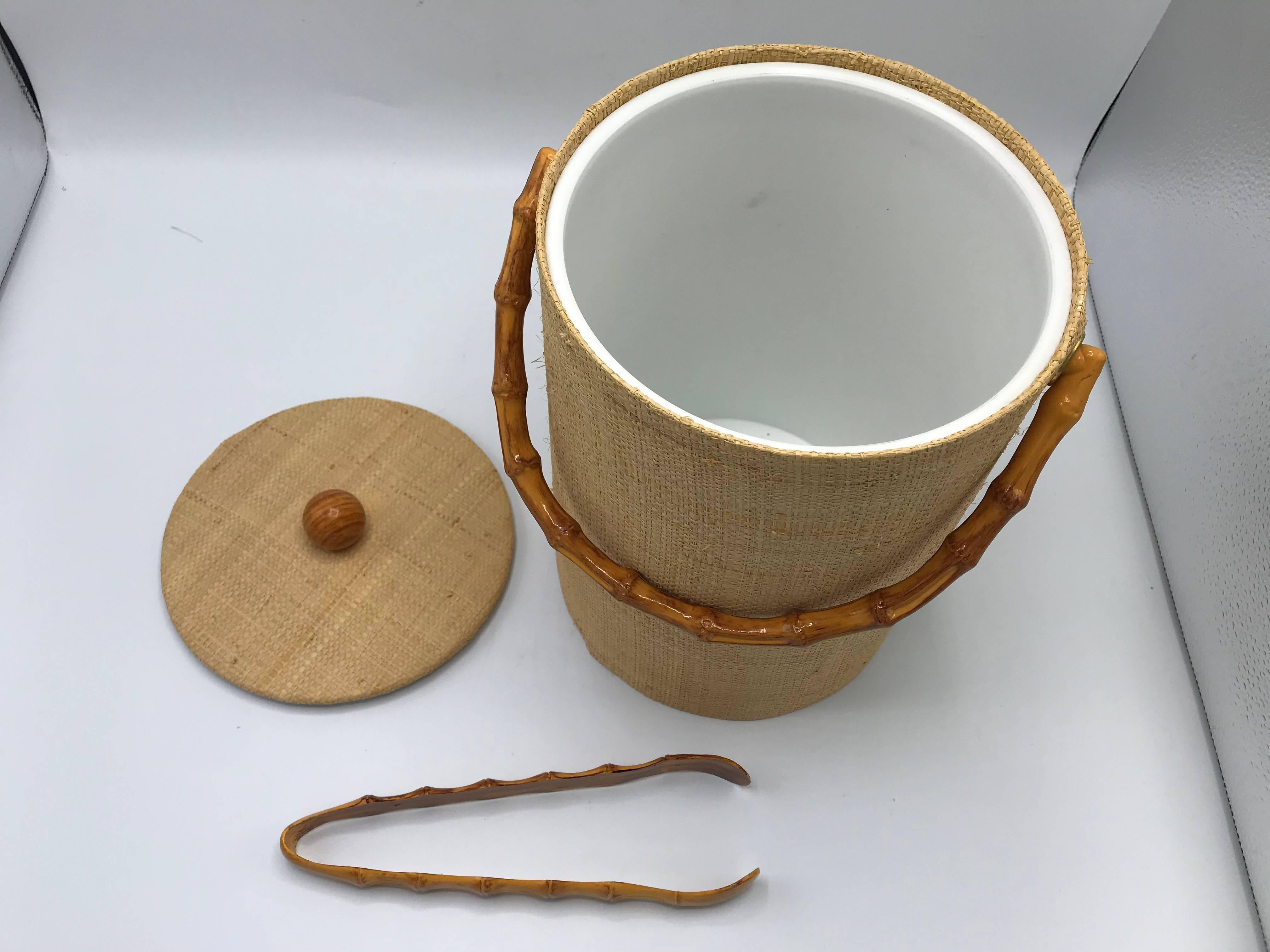 1980s Raffia Wrapped and Faux Bamboo Ice Bucket with Tongs 2