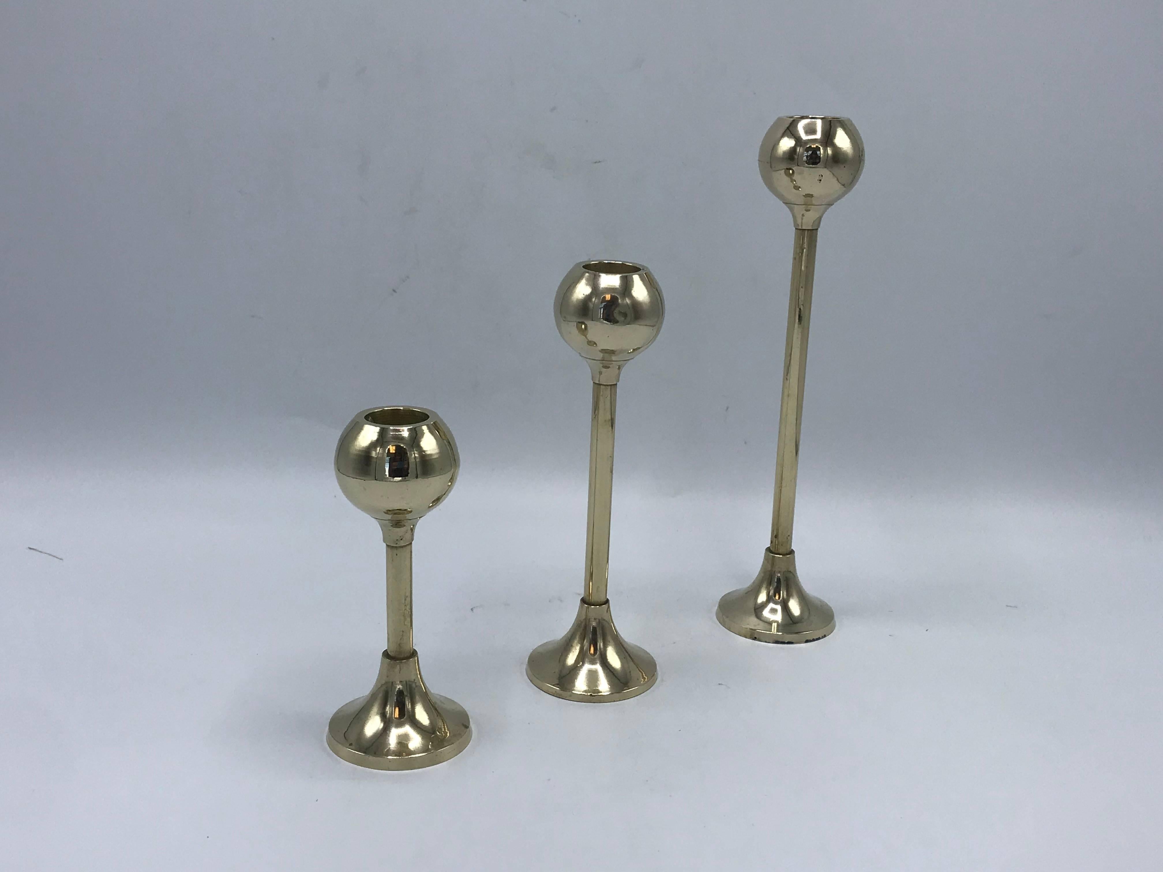 Polished 1970s Italian Modern Brass Floating Orb Candlesticks, Set of Three