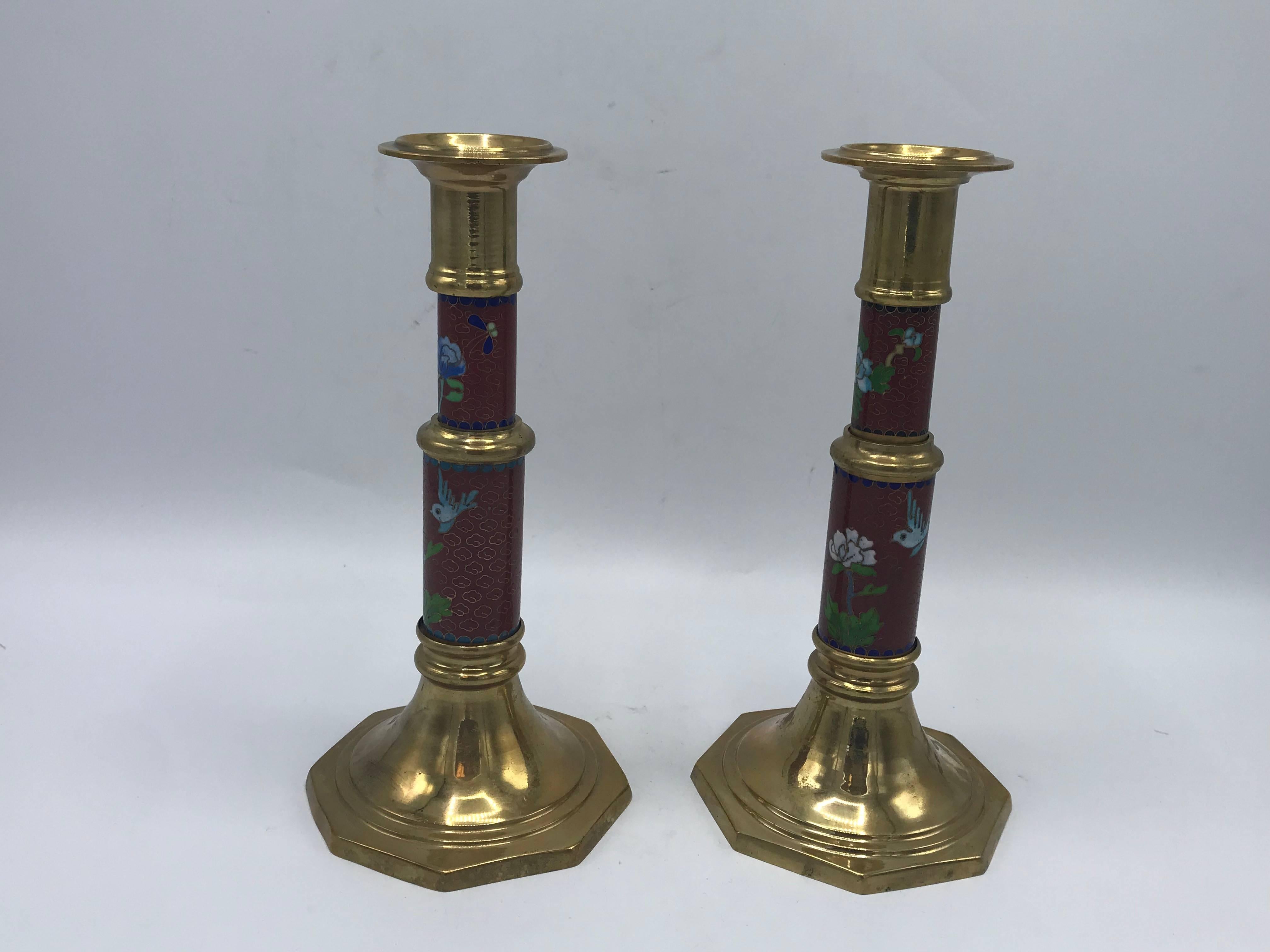 1960s Red Cloisonné Brass Candlesticks with Floral Motif, Pair In Excellent Condition In Richmond, VA