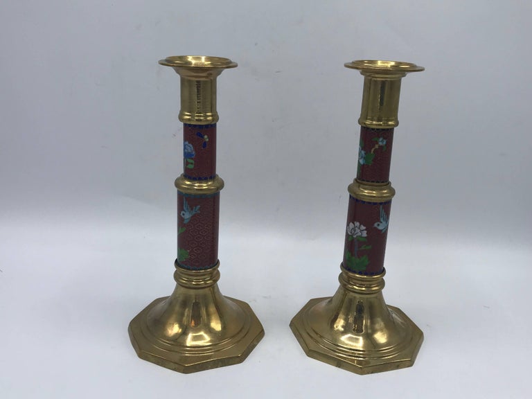 1960s Red Cloisonné Brass Candlesticks with Floral Motif, Pair at 1stDibs