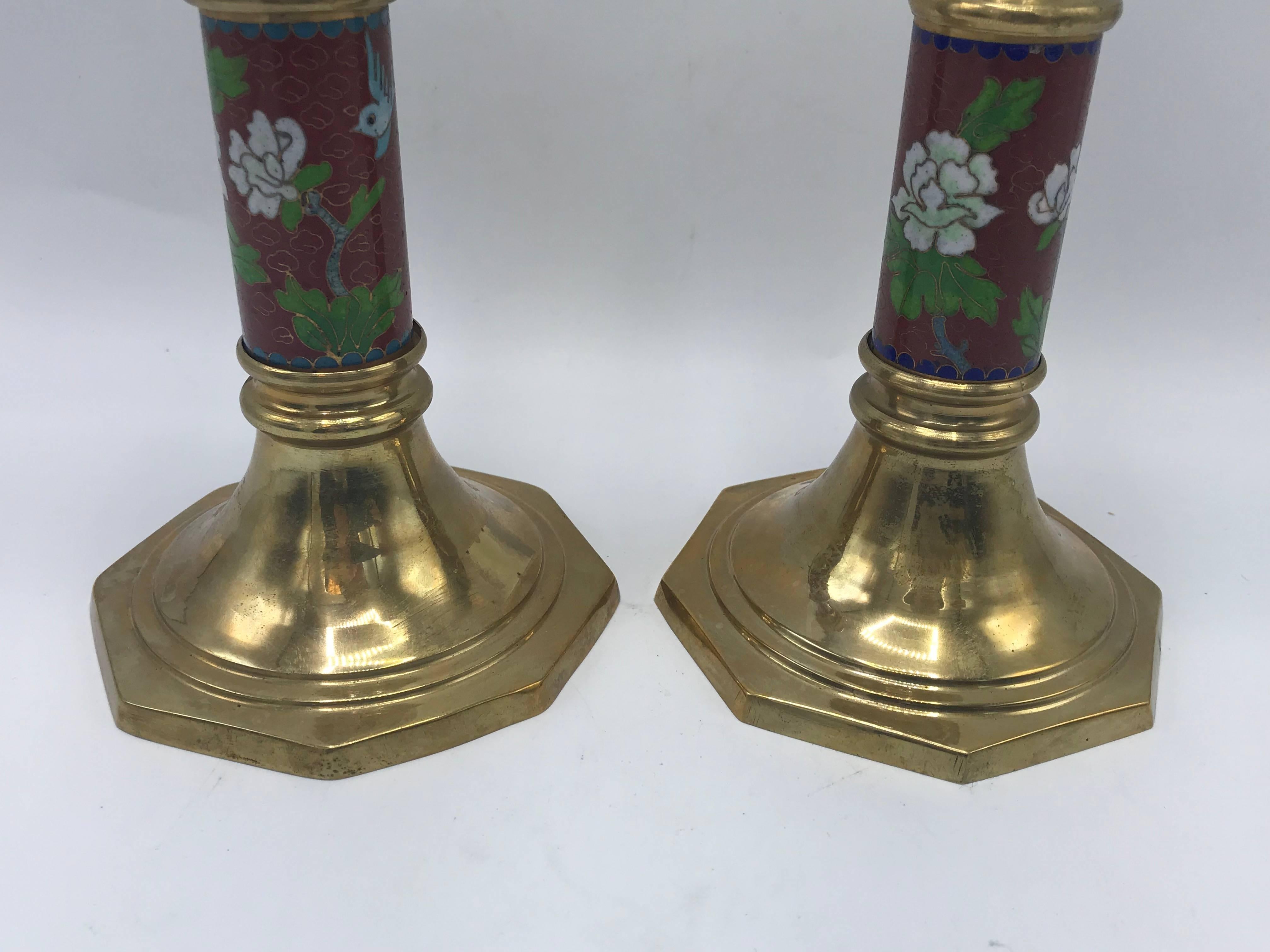 Chinoiserie 1960s Red Cloisonné Brass Candlesticks with Floral Motif, Pair