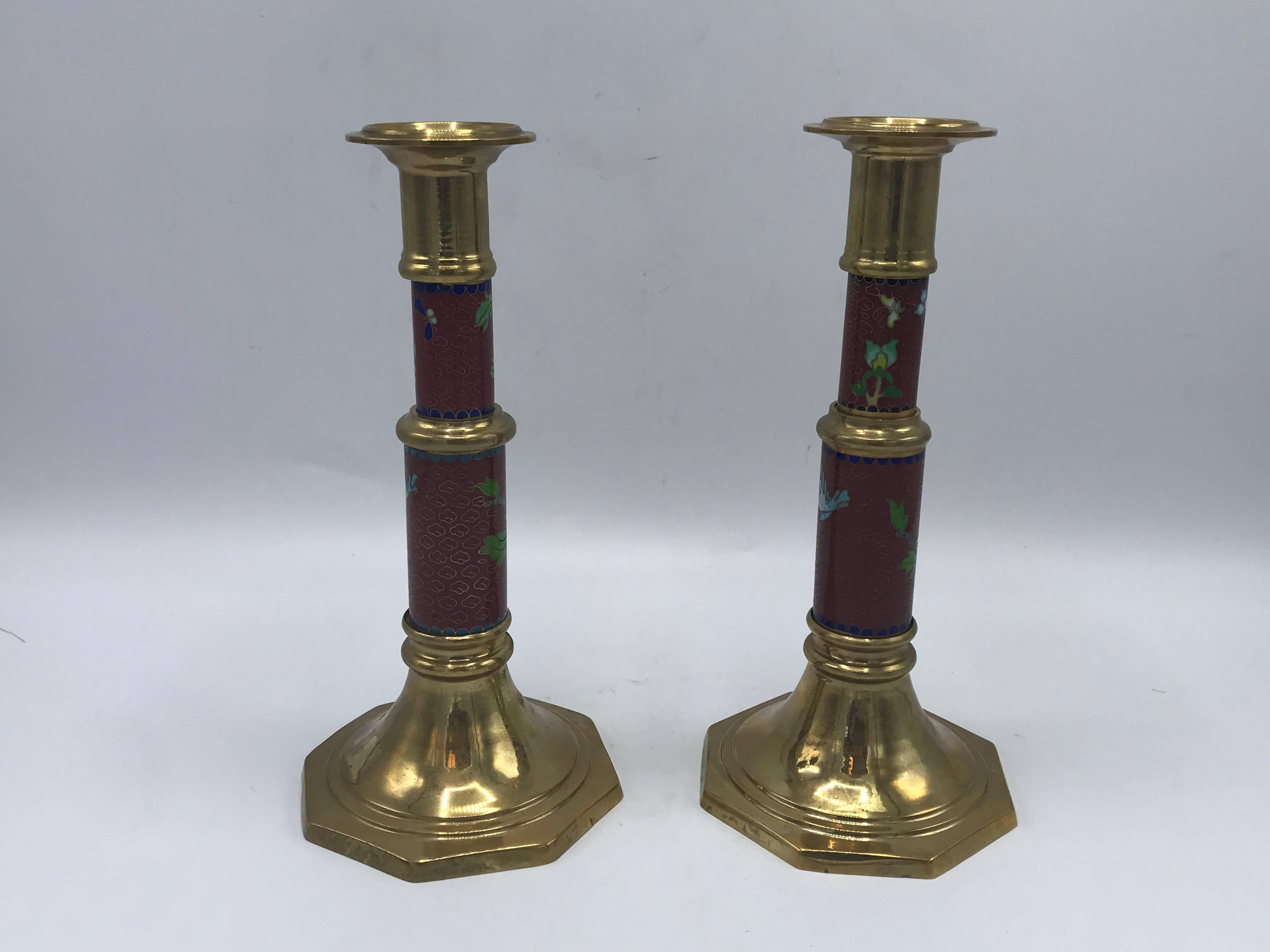 20th Century 1960s Red Cloisonné Brass Candlesticks with Floral Motif, Pair