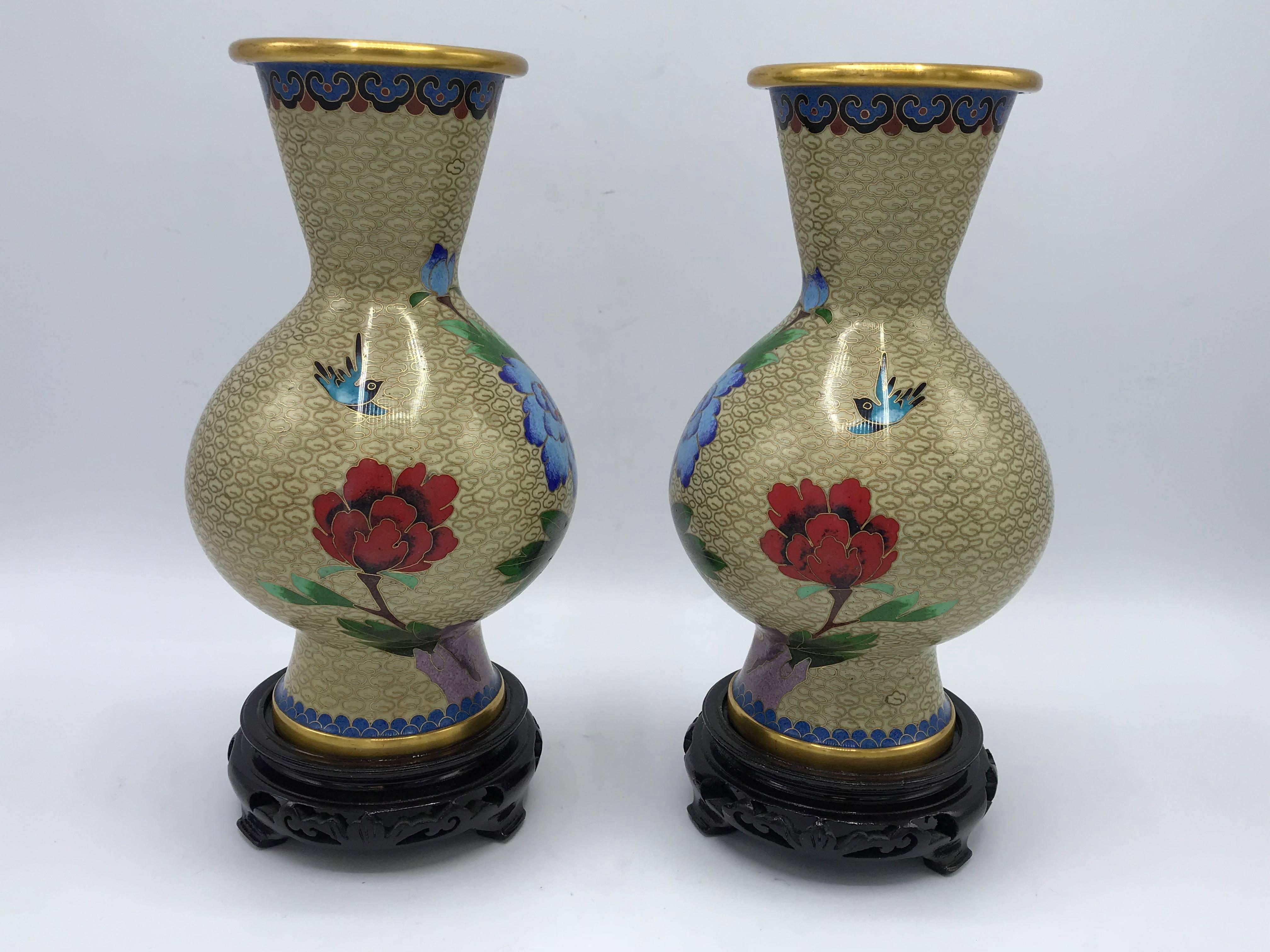 1960s Cloisonné Polychrome Floral Motif Vase on Stand, Pair In Good Condition For Sale In Richmond, VA