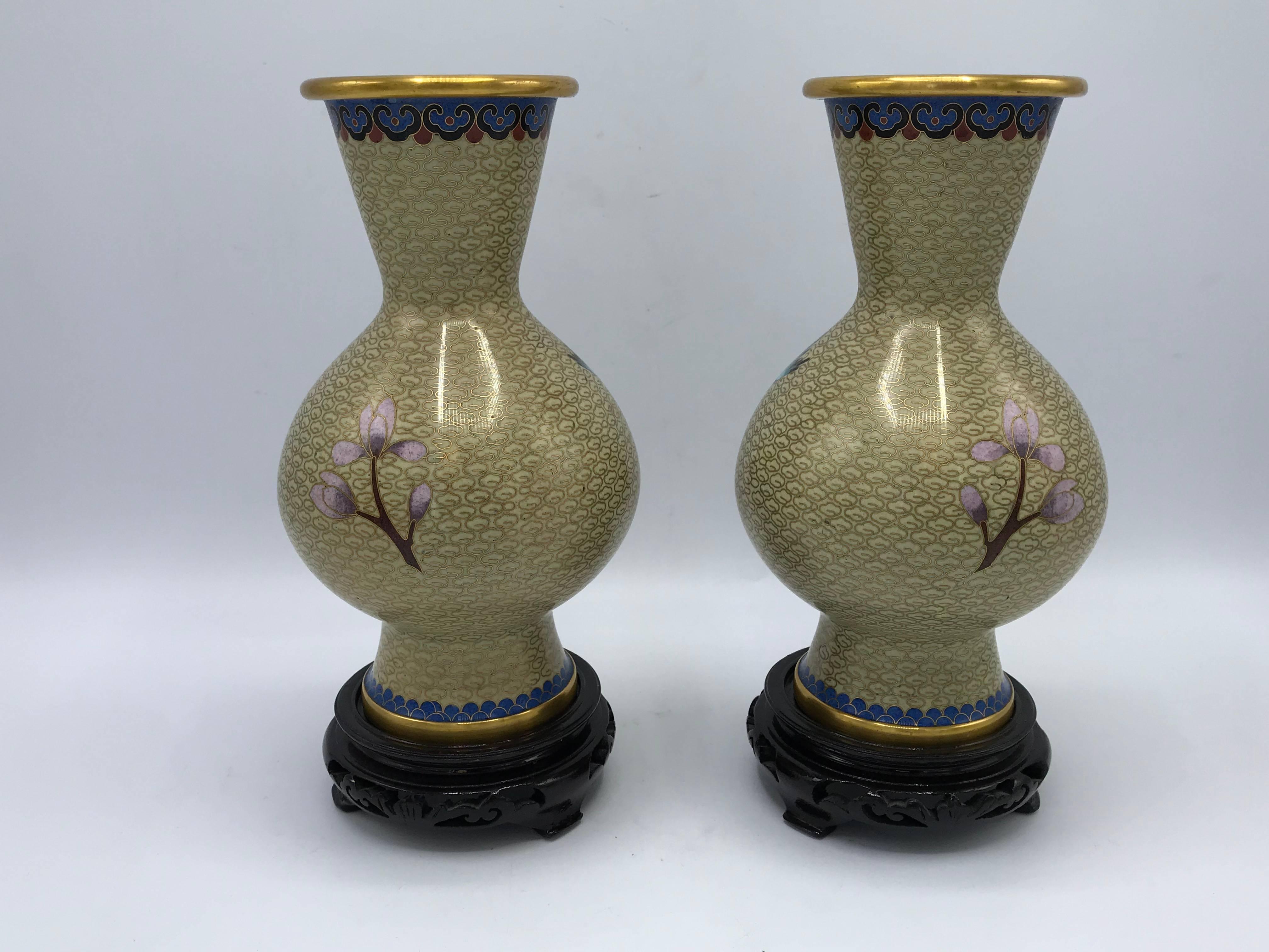 Enamel 1960s Cloisonné Polychrome Floral Motif Vase on Stand, Pair For Sale