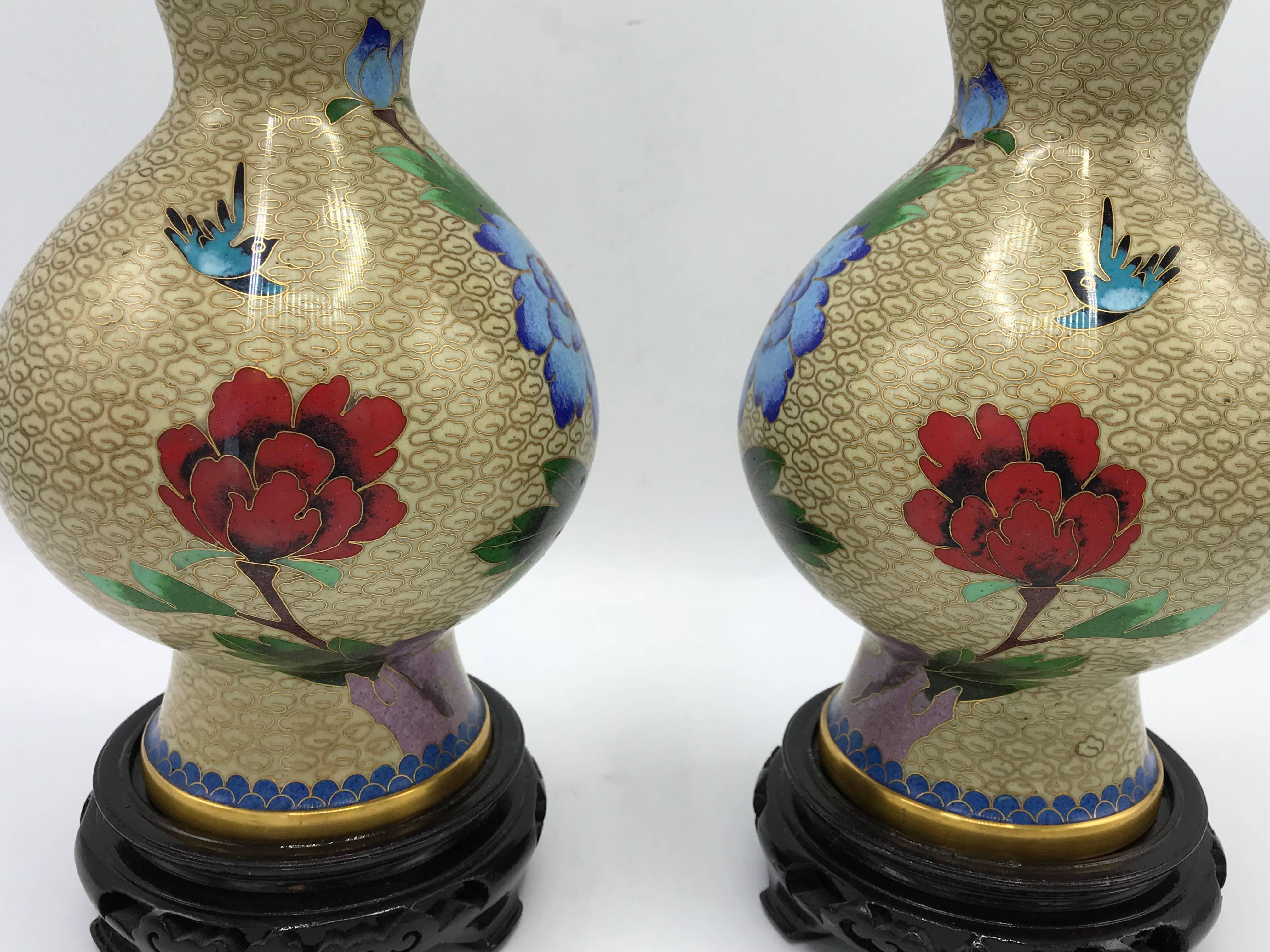 20th Century 1960s Cloisonné Polychrome Floral Motif Vase on Stand, Pair For Sale