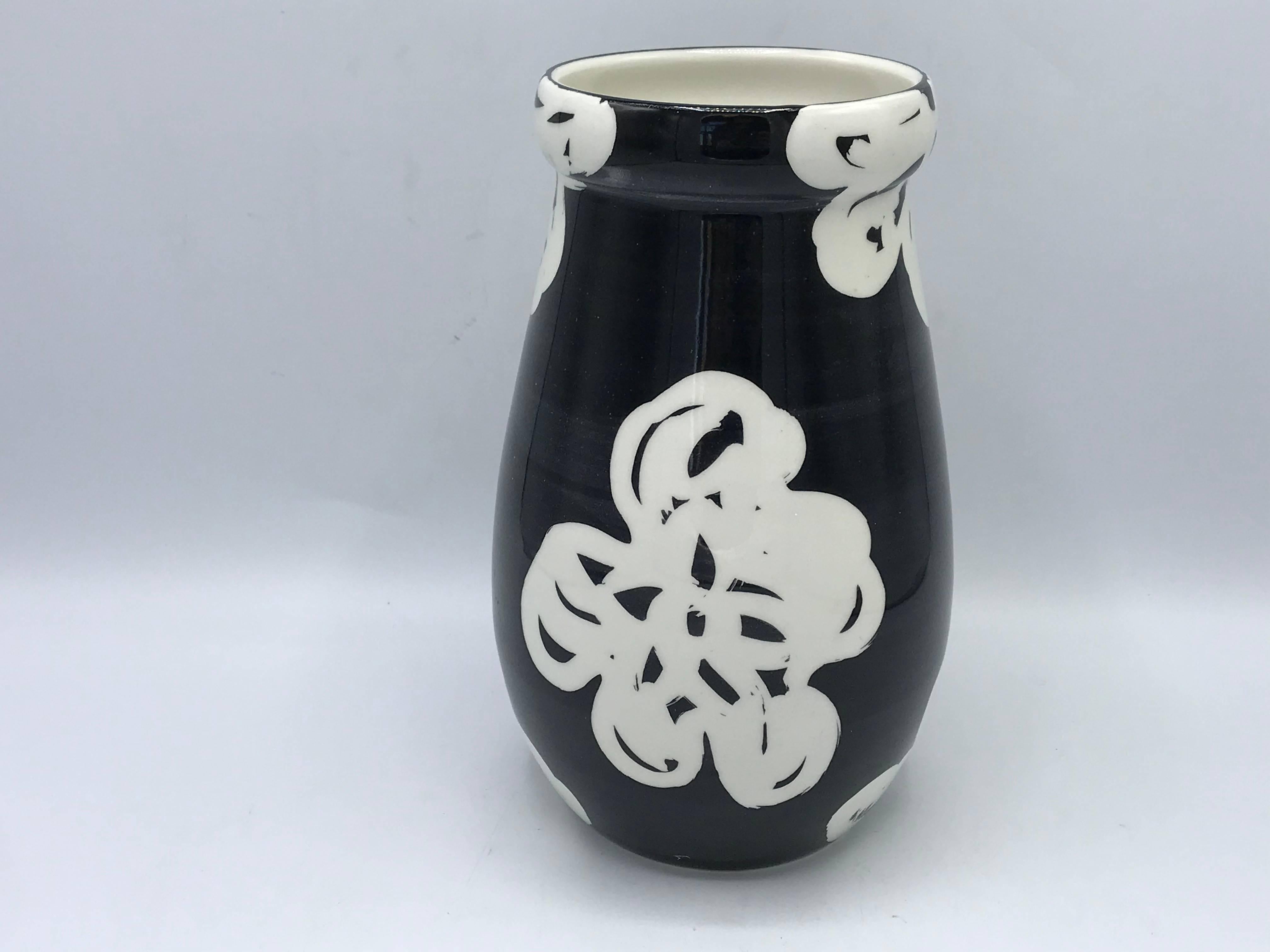 Italian 1970s Bitossi Vase with Modern Black and White Floral Motif