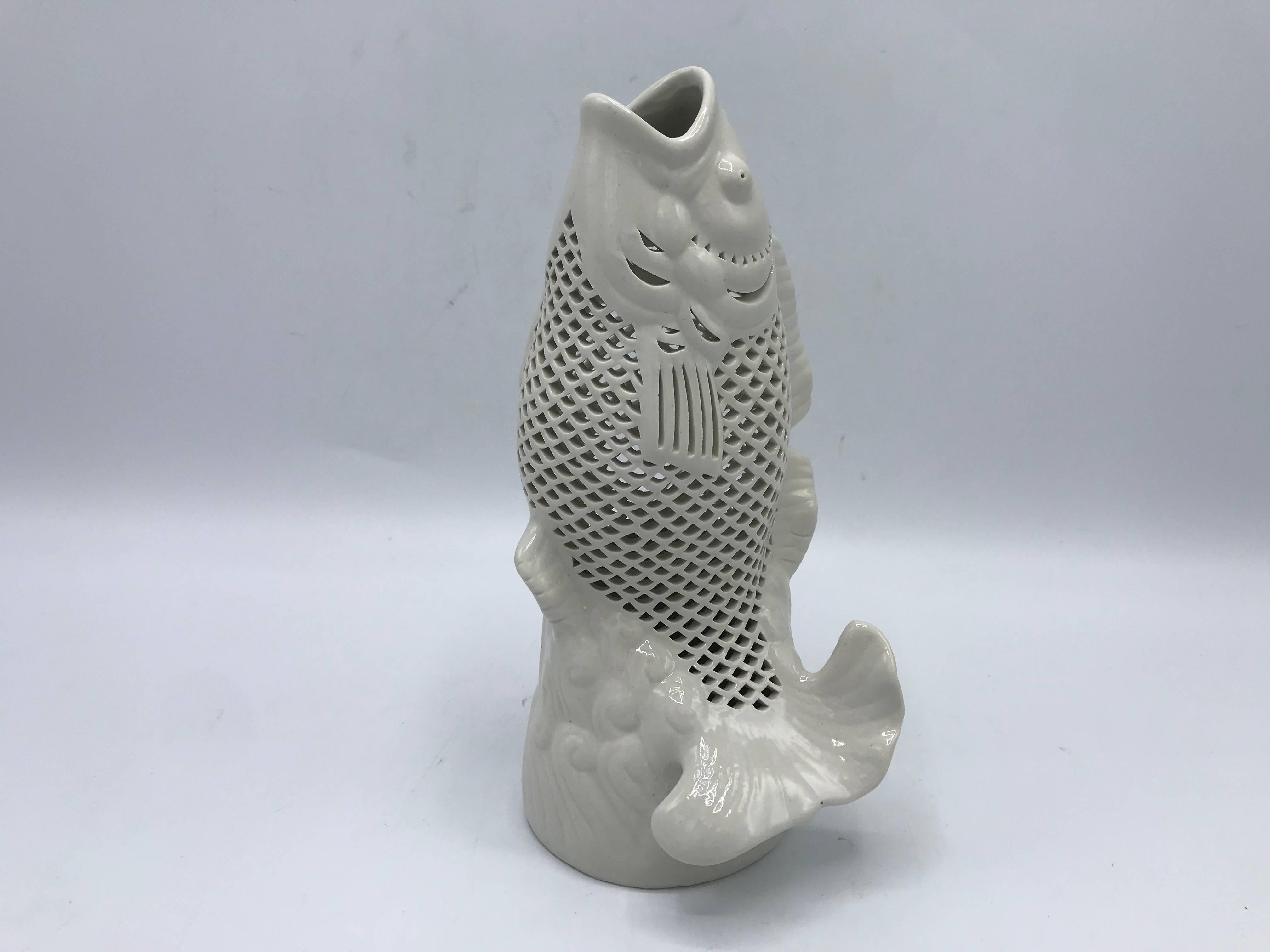 Glazed 1960s Blanc de Chine Porcelain Koi Fish Sculpture