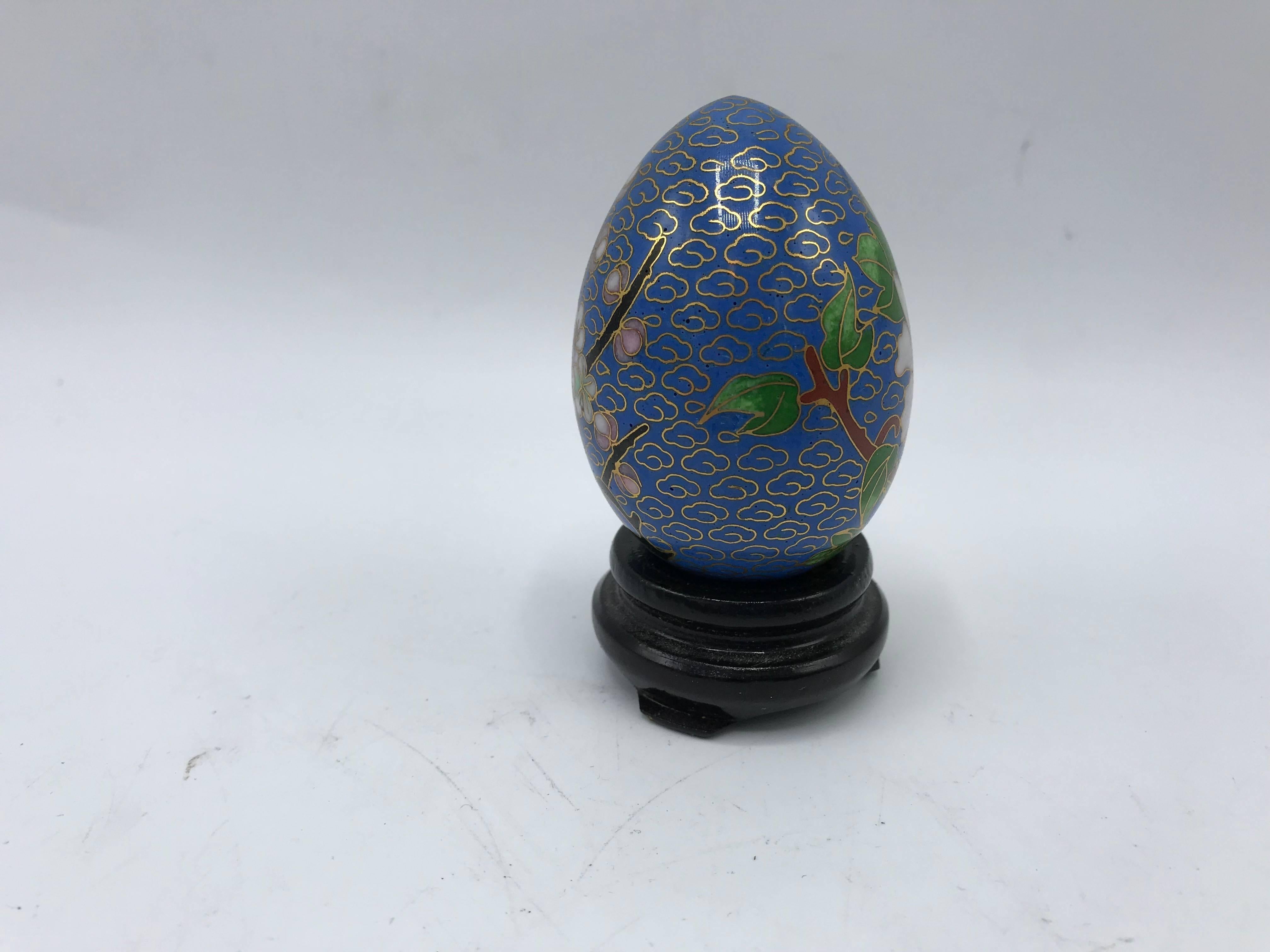 Cloissoné 1970s Cloisonné Blue Floral Motif Egg Sculpture on Stand For Sale