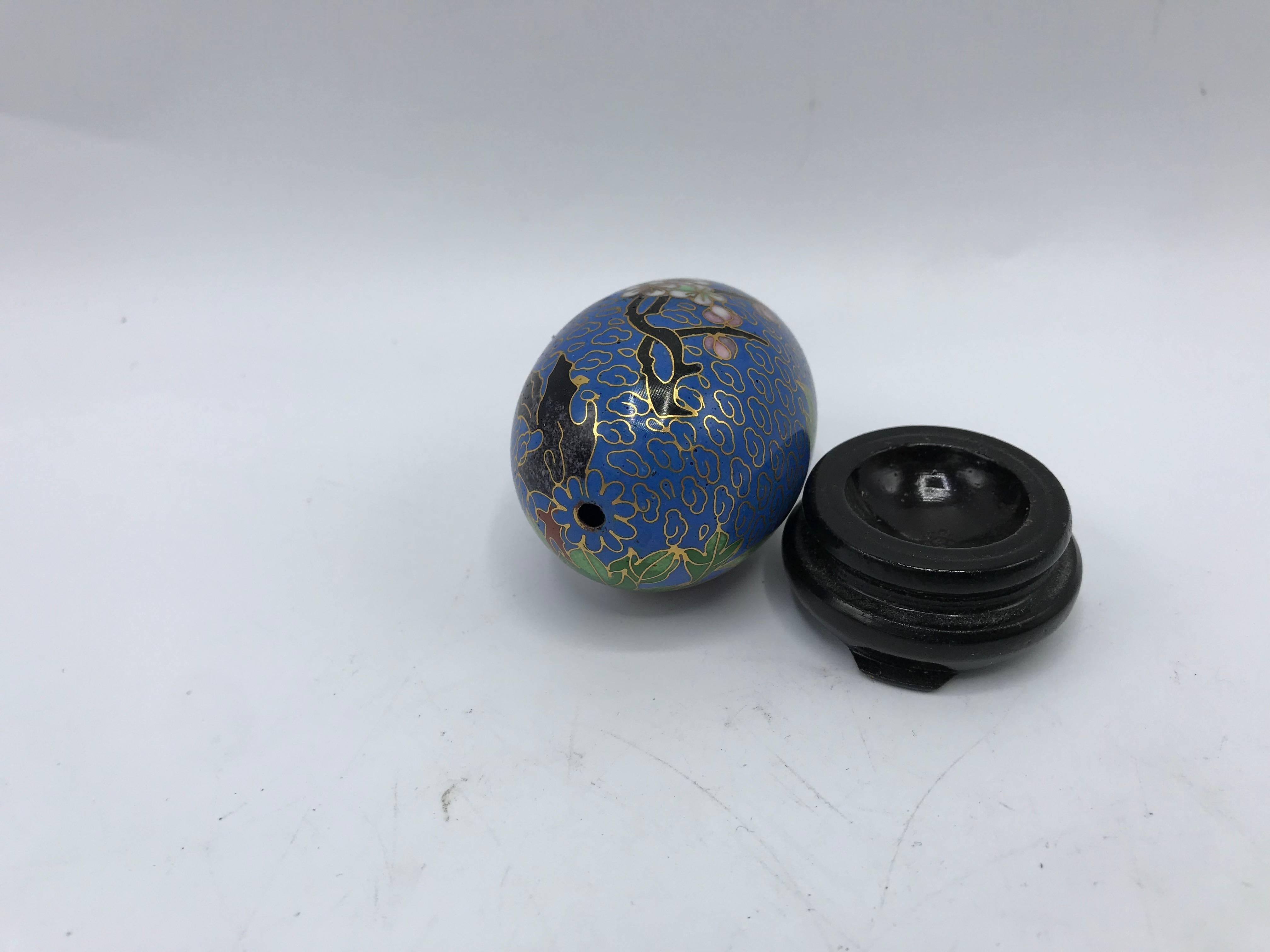20th Century 1970s Cloisonné Blue Floral Motif Egg Sculpture on Stand For Sale