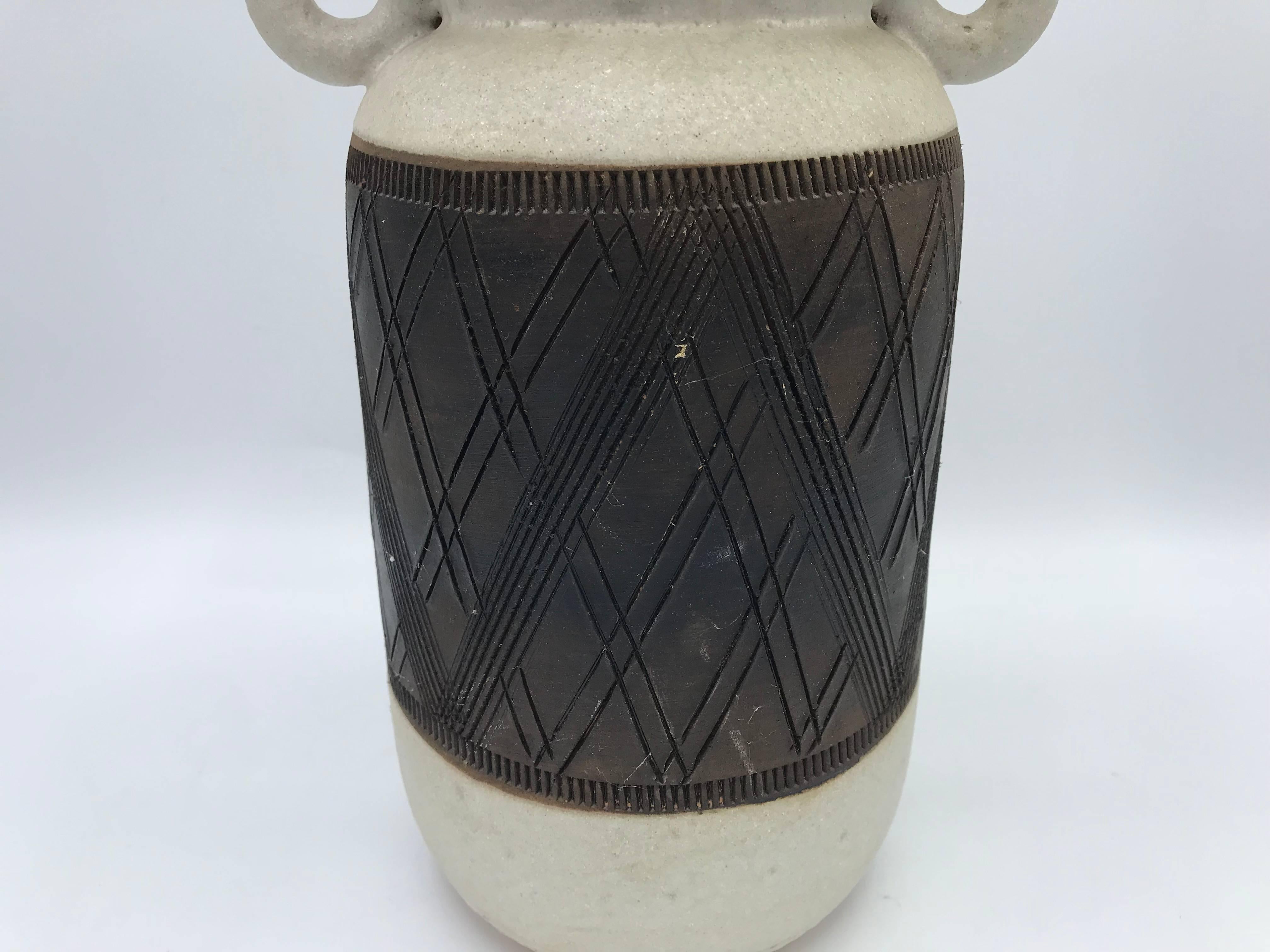 Modern 1960s Italian Bitossi Pottery Handled Vase with Geometric Plaid Motif