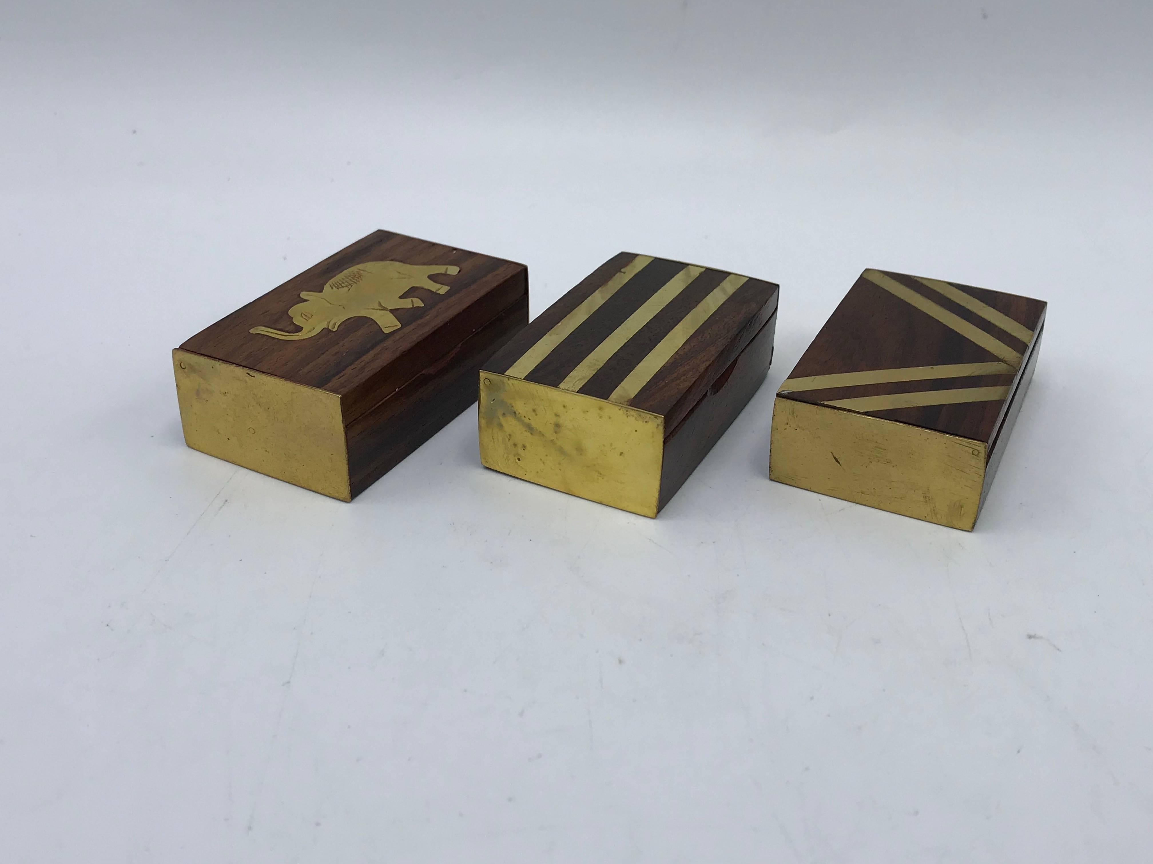 20th Century 1960s Teak and Brass Inlay Matchbox Set, Set of Three