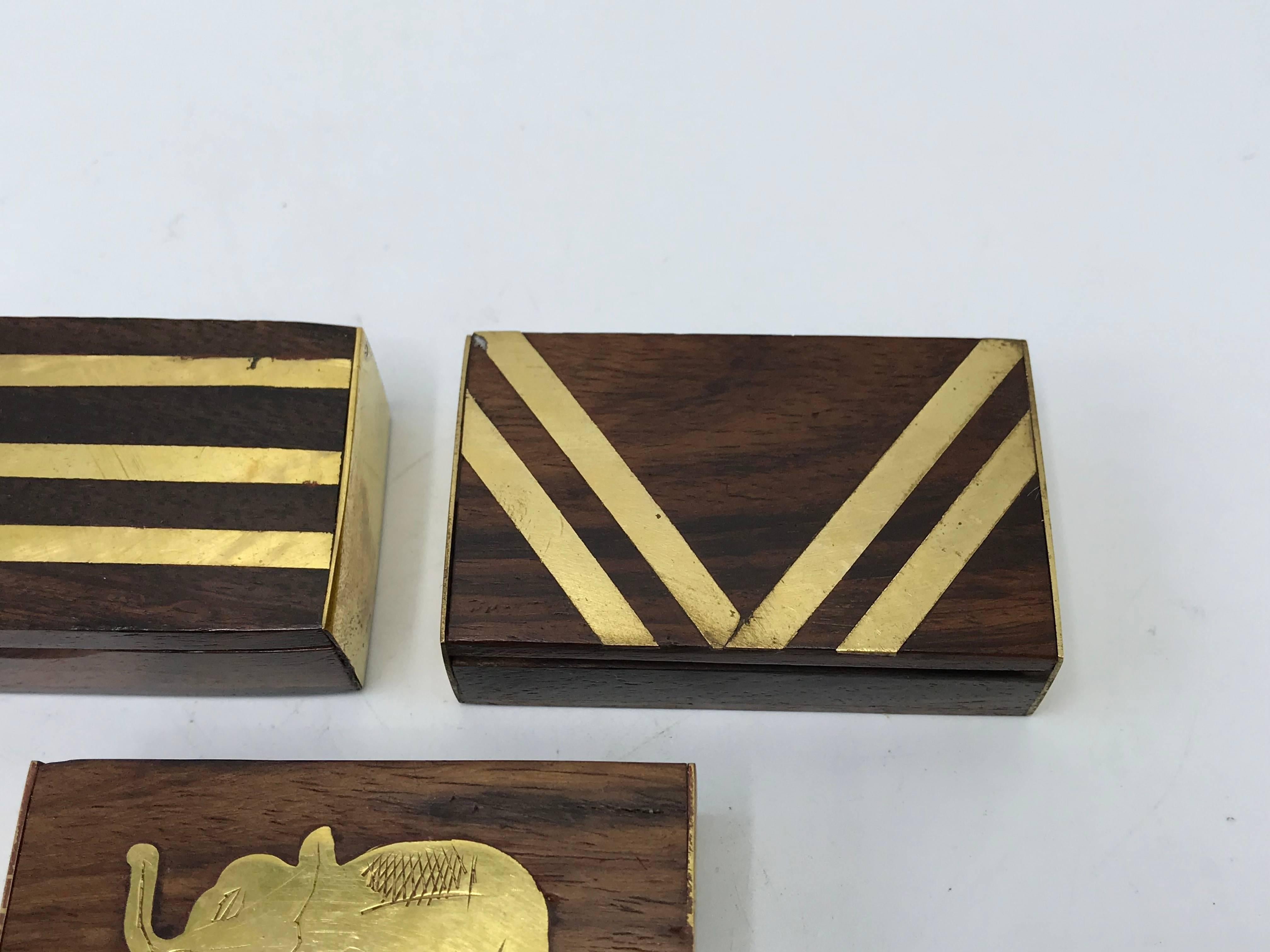 Modern 1960s Teak and Brass Inlay Matchbox Set, Set of Three