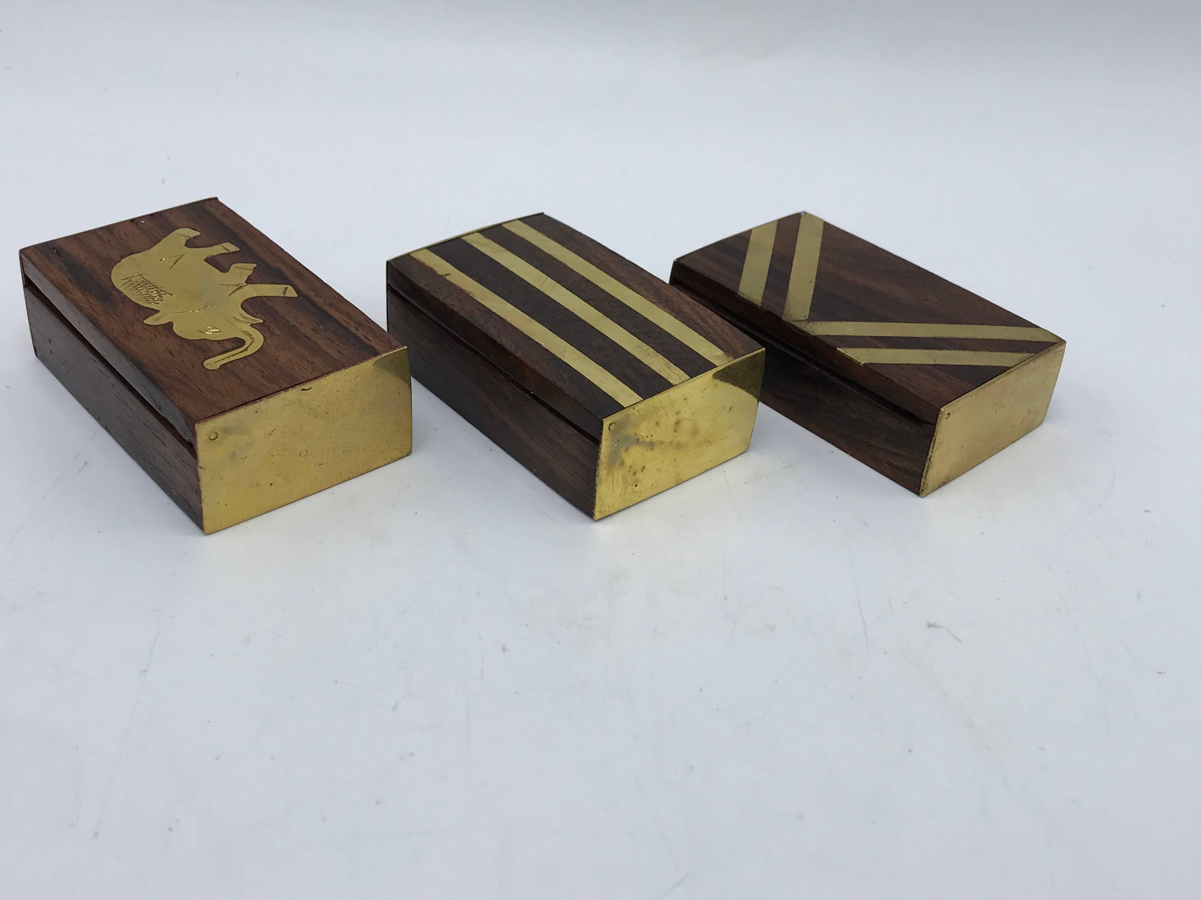 1960s Teak and Brass Inlay Matchbox Set, Set of Three 1