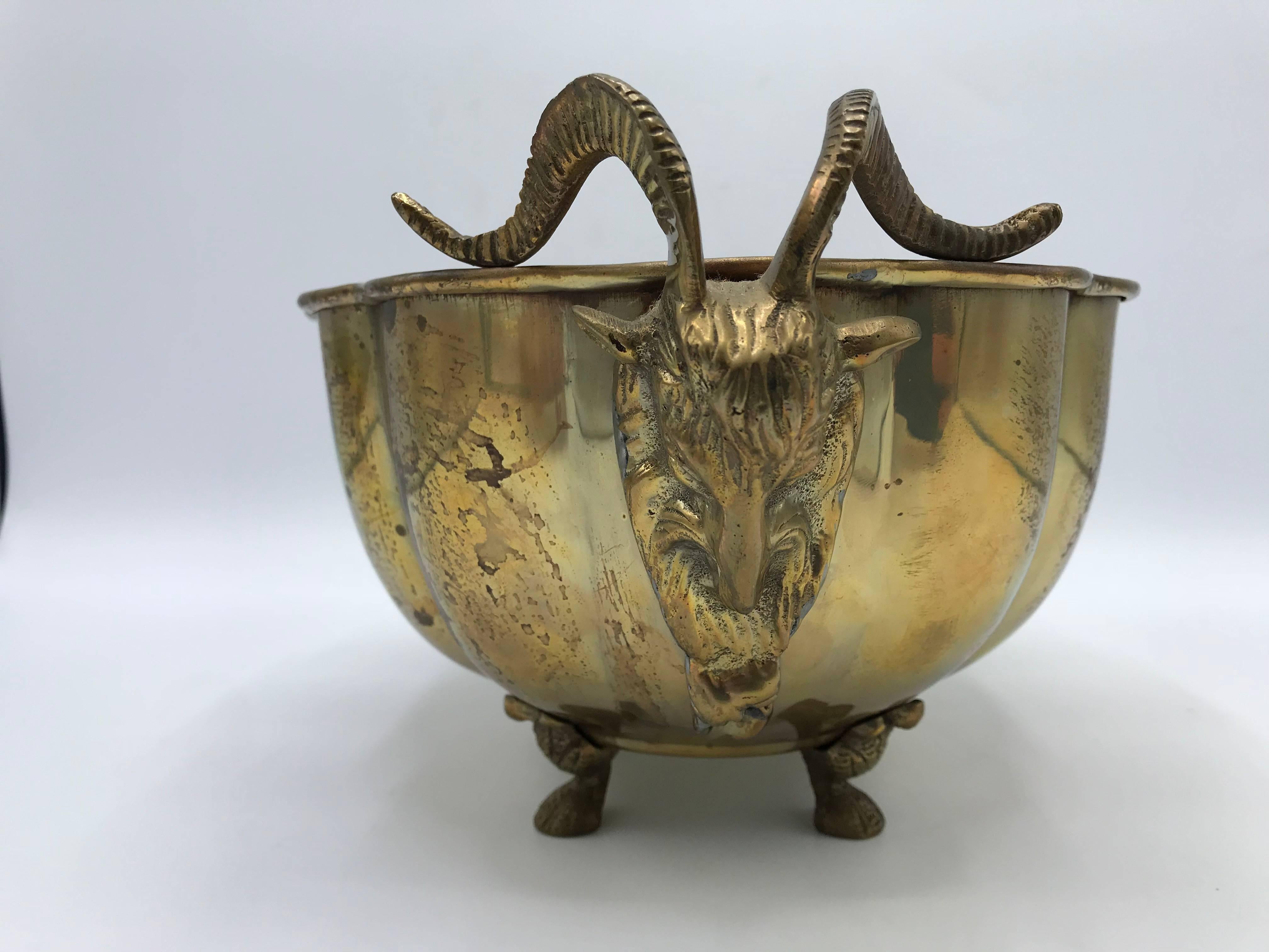 20th Century 1960s Italian Brass Scalloped Cachepot Bowl with Rams Head Motif