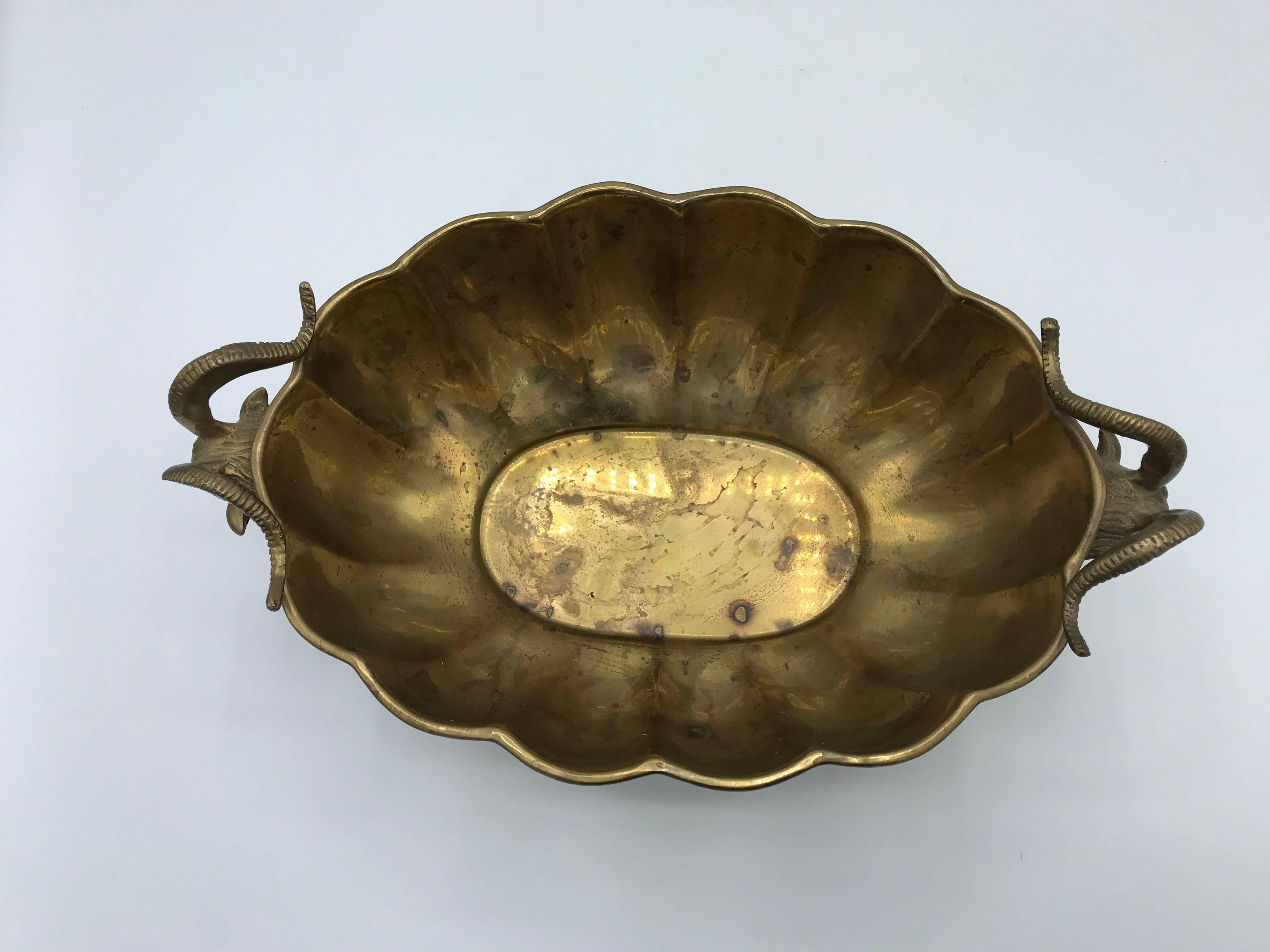 1960s Italian Brass Scalloped Cachepot Bowl with Rams Head Motif 2