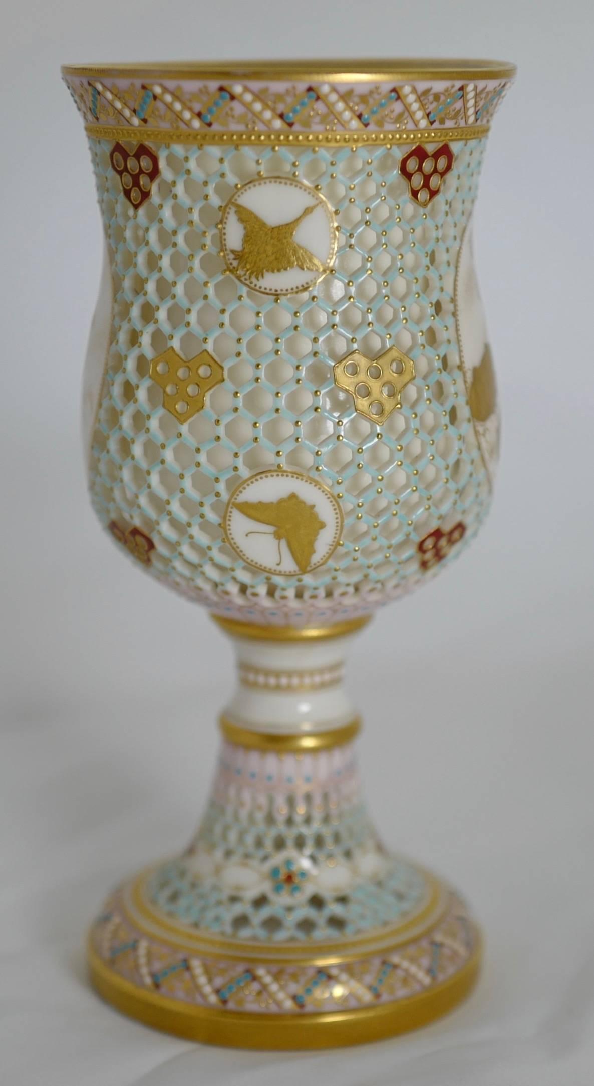 Enameled Royal Worcester Reticulated, Double-Walled Goblet For Sale