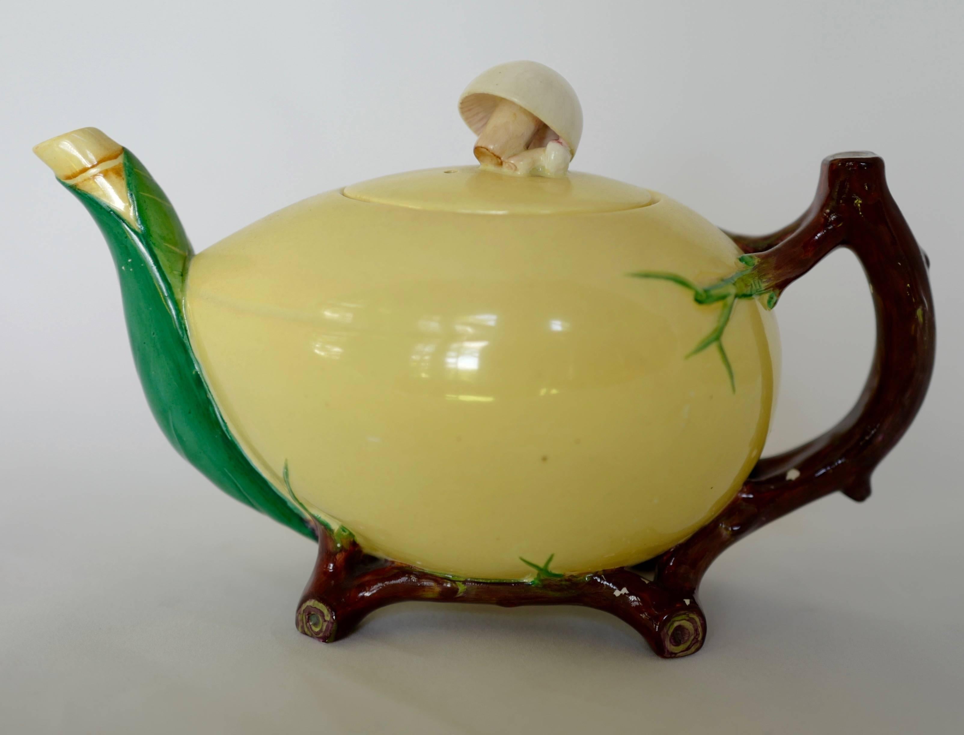 This Majolica ‘mushroom and coconut’ tea set by Minton is an extremely rare design and even rarer is finding a complete set with its original tray! 

Majolica is a 14th-15th century Italian product and refers to the colorful glazes used on