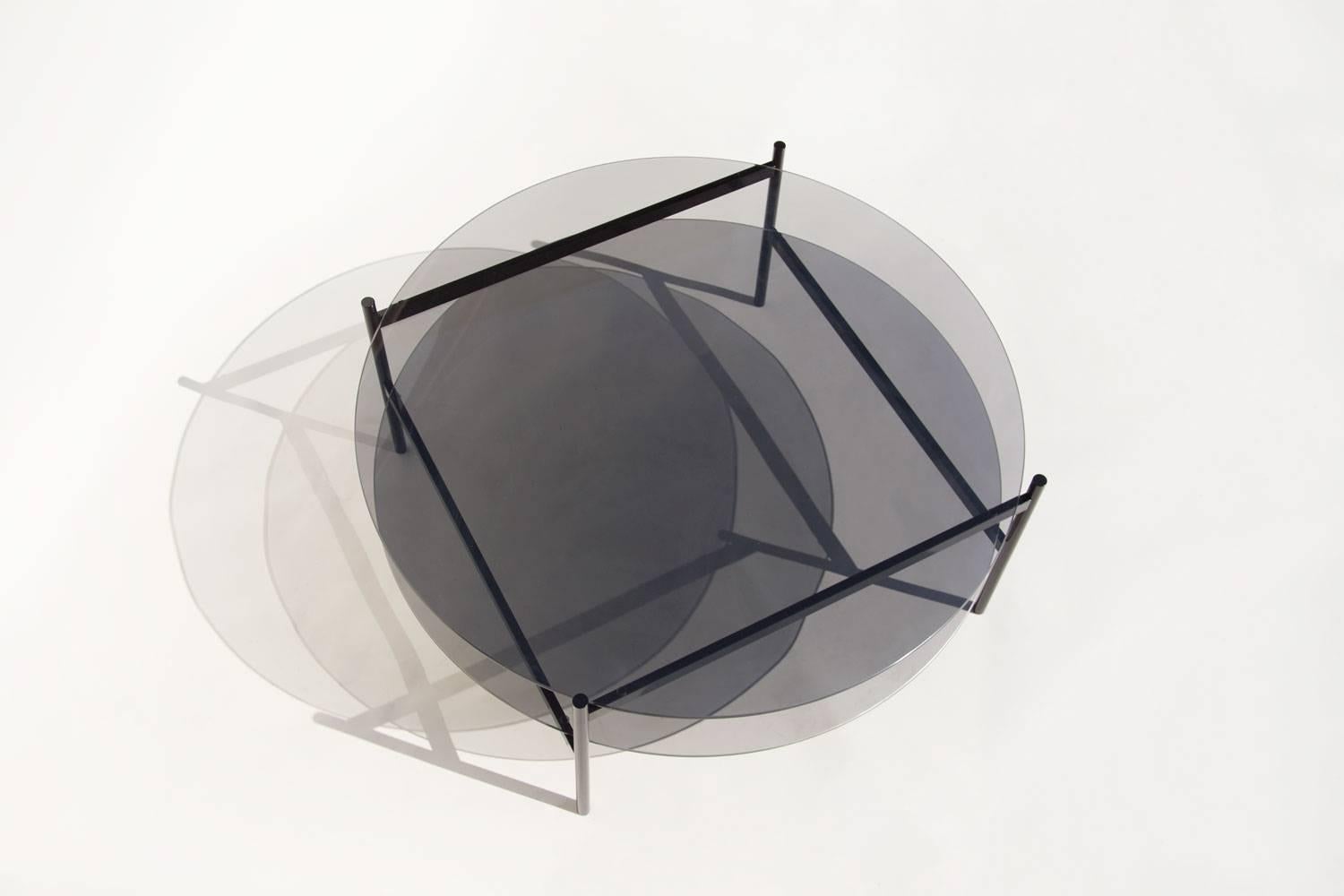 Modern Duotone Circular Coffee Table, Black Frame / Smoked Glass / Smoked Glass For Sale