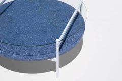Duotone Circular Coffee Table, White Frame / Clear Glass / Blue Mosaic