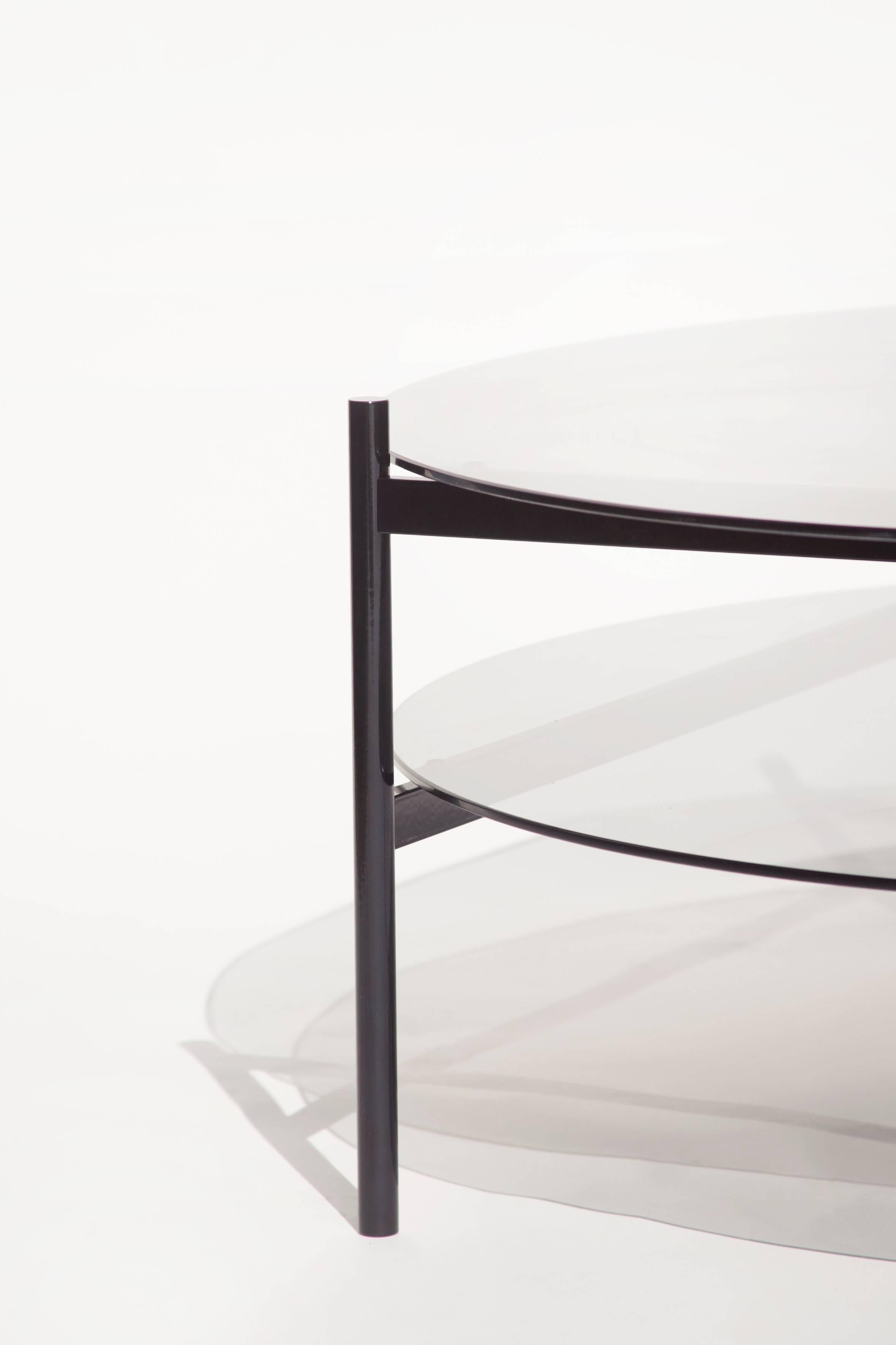 American Duotone Circular Coffee Table, Black Frame / Smoked Glass / Smoked Glass For Sale