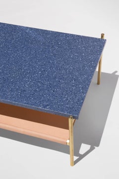 Duotone Rectangular Coffee Table, Brass Frame / Blue Mosaic / Natural Leather