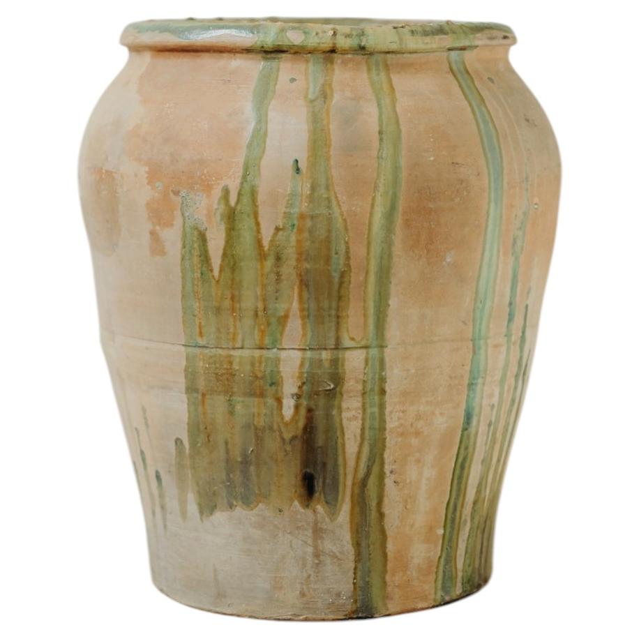 Vase/urne/jardinière en terre cuite à glaçure verte d'origine espagnole