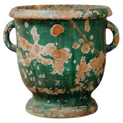 Maceta o jardinera francesa del siglo XIX de terracota esmaltada en verde
