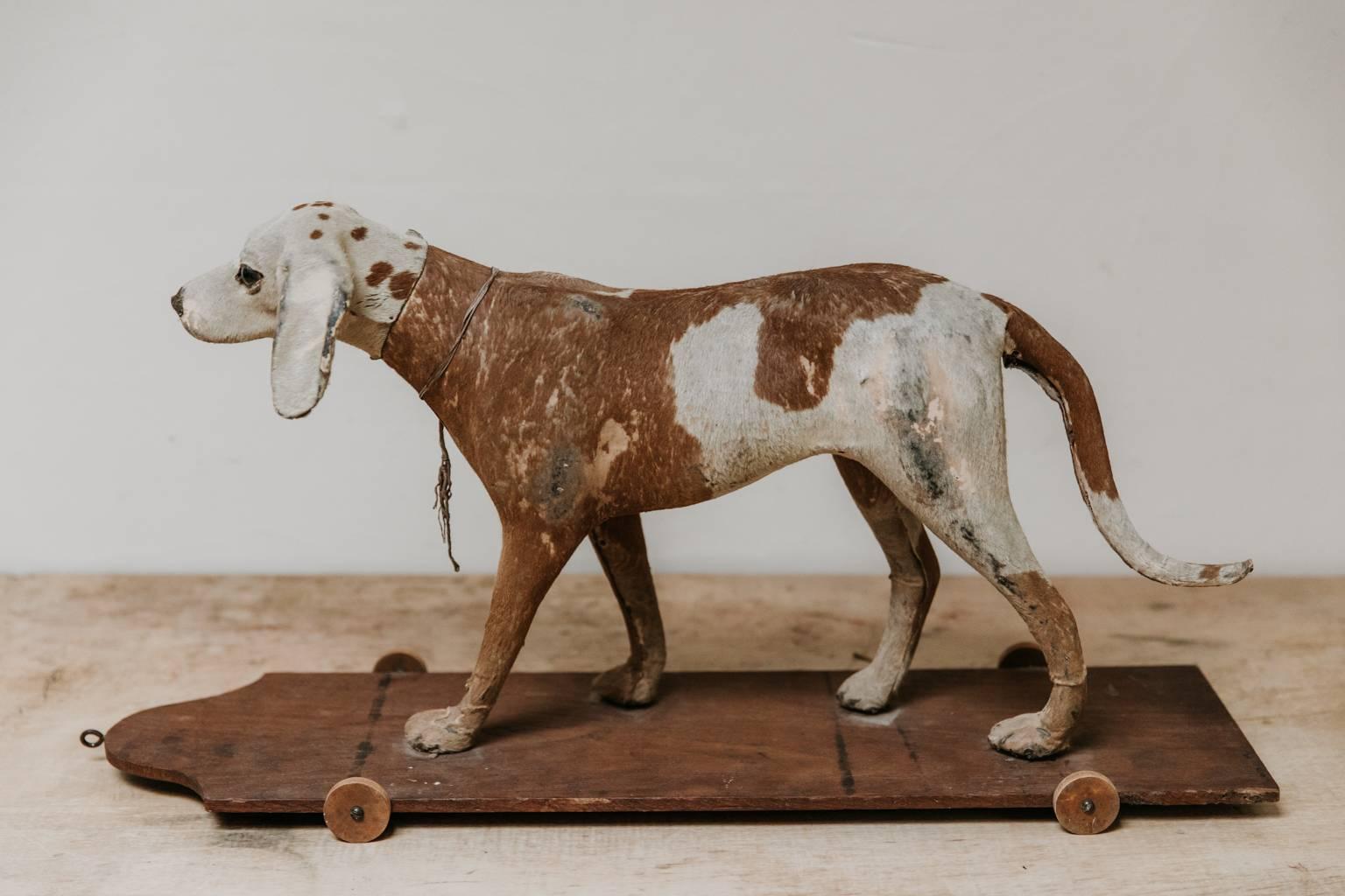 French Early 20th Century Childs Toy, Ponyhair Dog on Wheels For Sale