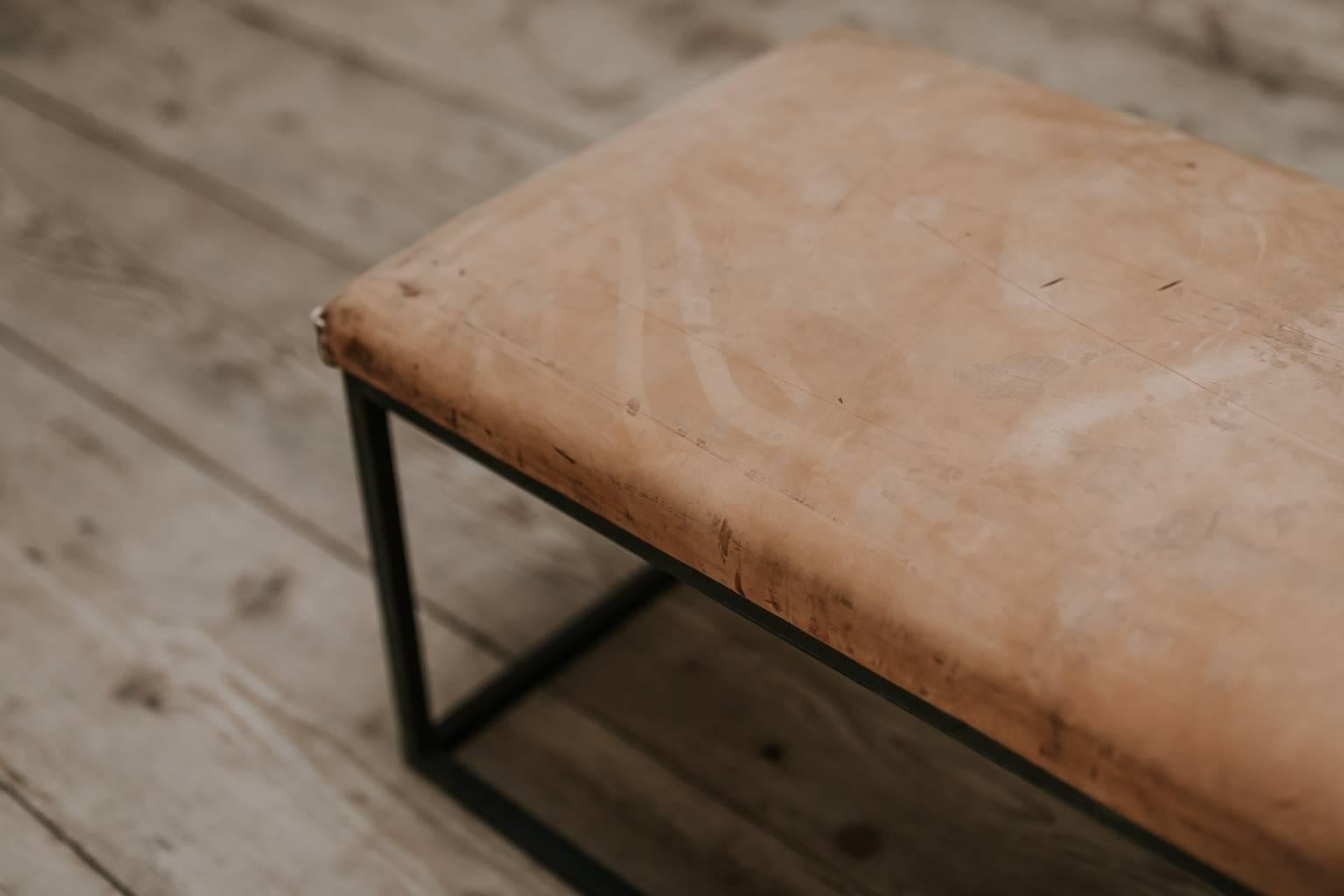 Customized Coffee Table or Bedend, Old Leather Top on Contemporary Iron Base For Sale 1