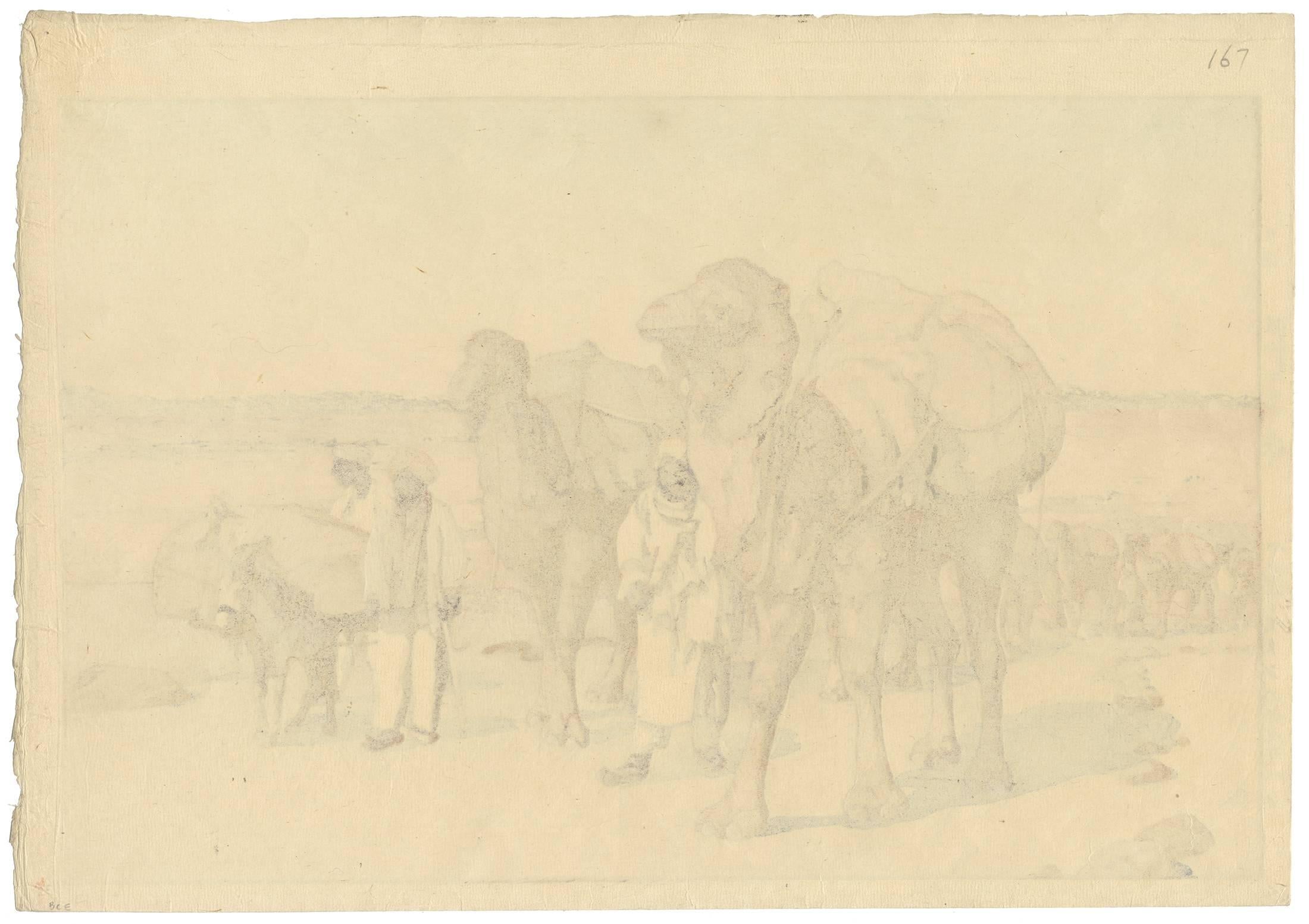 Title: Caravan from Afghanistan
Artist: Hiroshi Yoshida
Self-printed and published by the artist in 1932. Jizuri-sign and pencil signature.

During his numerous travels both in Japan and overseas, Hiroshi Yoshida visited the Middle East. This print