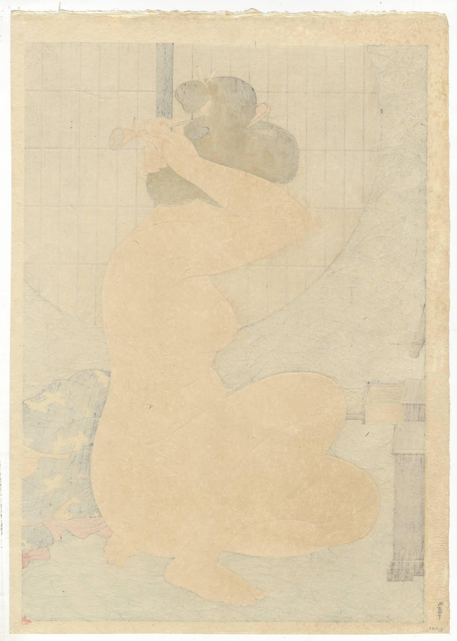Artist: Hirano Hakuho
Title: Arranging Hair
Publisher: Watanabe Shozaburo
Published: 1932

This print shows a woman getting dressed for the day, or possibly getting undressed for the night, in a private setting. She seems to be doing up her