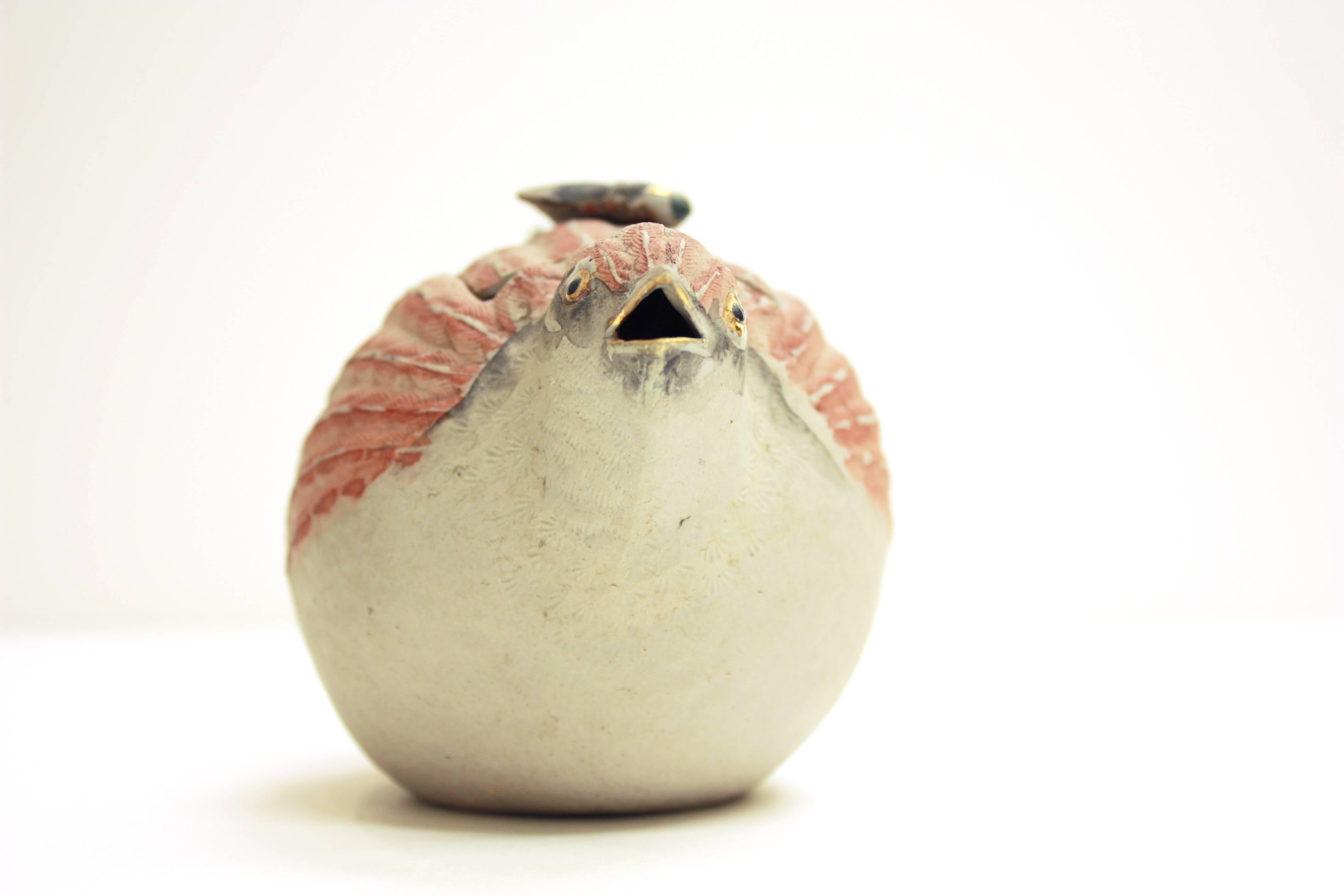 Banko Earthenware Teapot 19th Century Meiji Japanese Ceramics, Quail & Fly, Cute