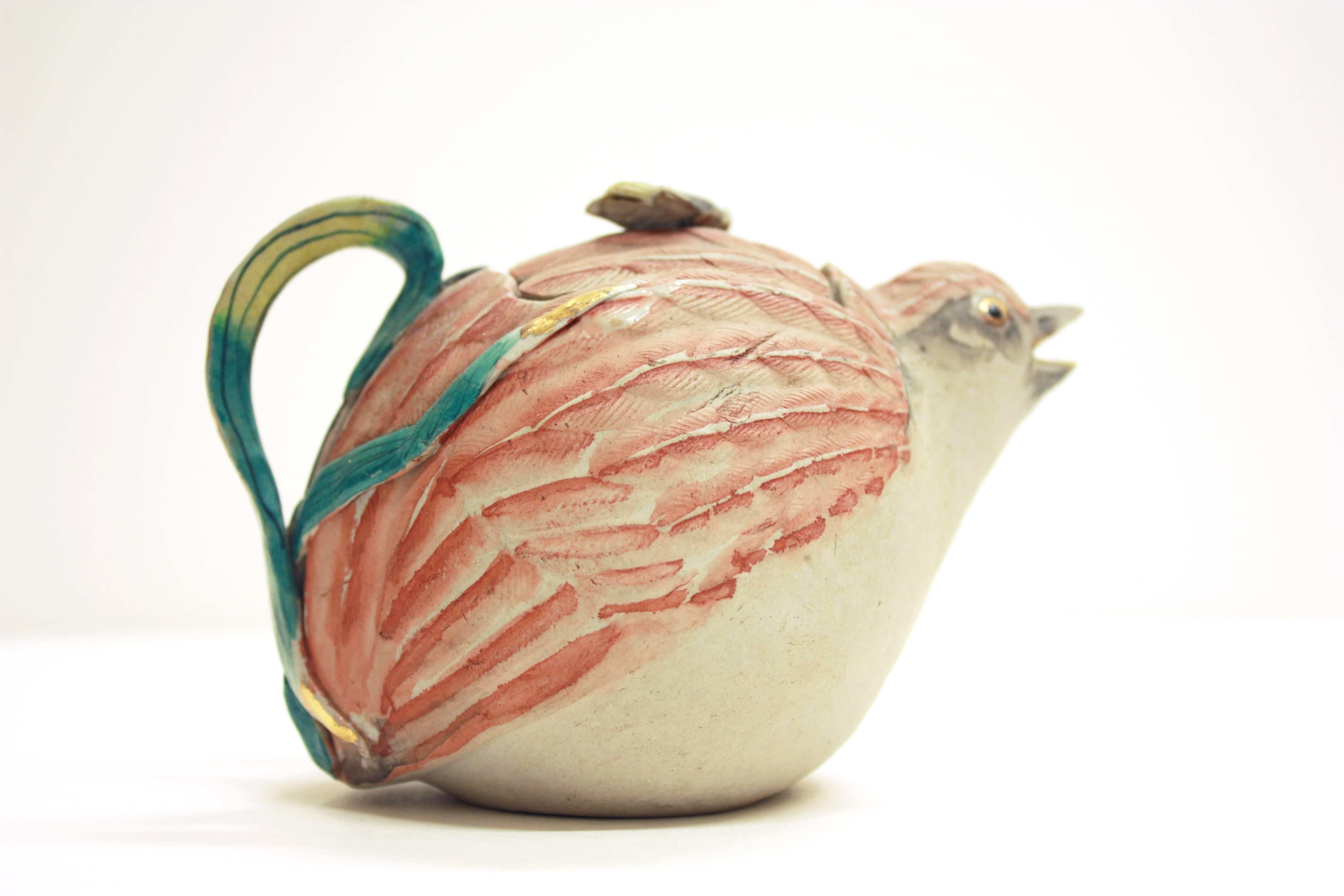 Banko Earthenware Teapot 19th Century Meiji Japanese Ceramics, Quail & Fly, Cute In Excellent Condition In London, GB